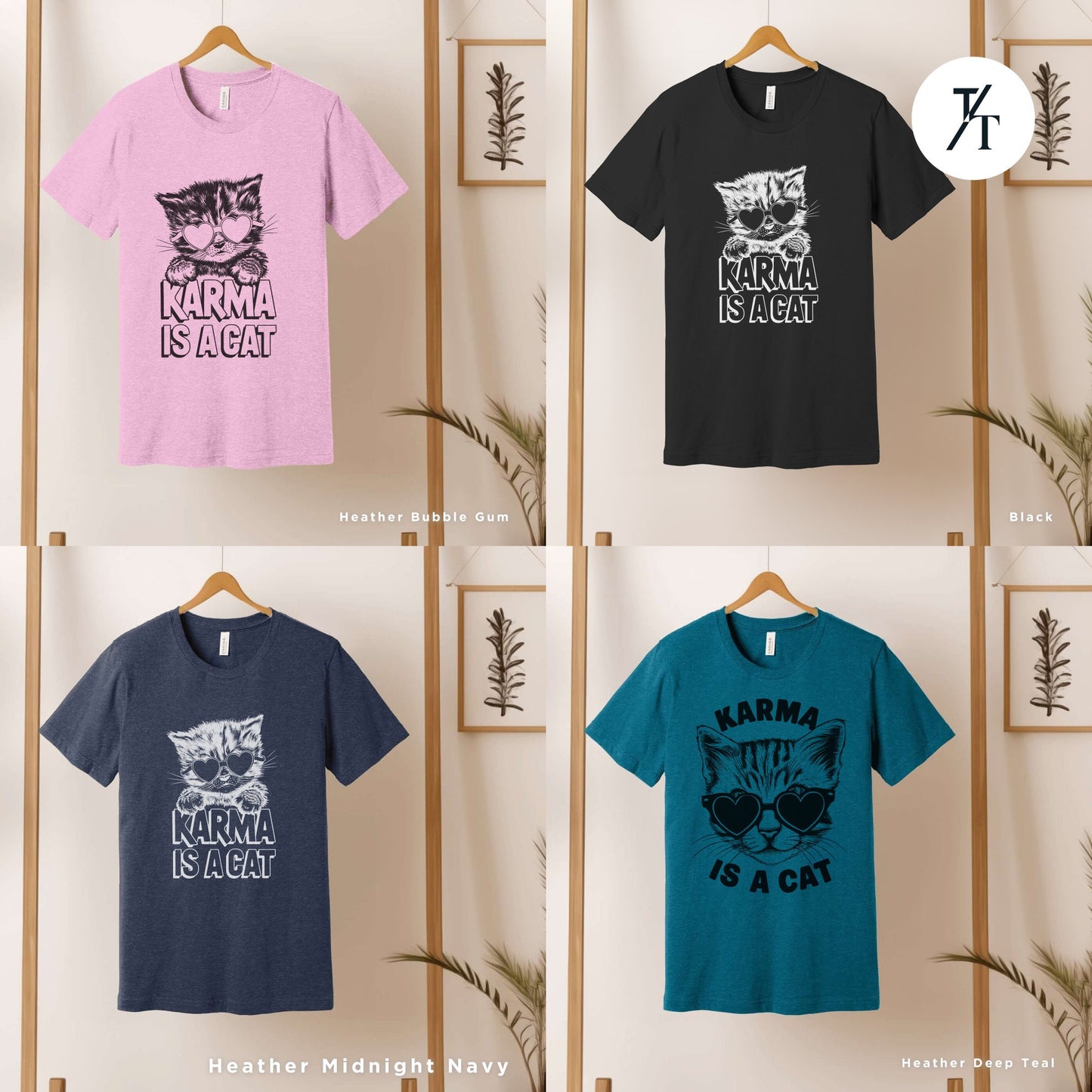six t - shirts of different colors and designs on a wooden rack, Karma is a cat tee, Funny Cat Lovers Shirt, Gift For Music Lover, Funny Karma Vibes T-Shirt, Positive Quote Tee, Music Lover TShirt
