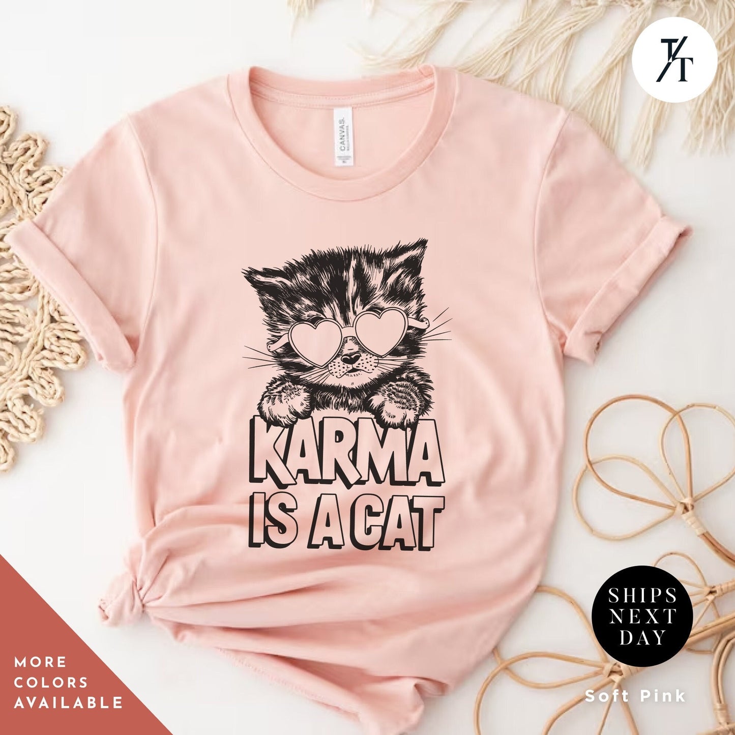 a pink shirt with a black and white cat saying karma is a cat, Karma is a cat tee, Funny Cat Lovers Shirt, Gift For Music Lover, Funny Karma Vibes T-Shirt, Positive Quote Tee, Music Lover TShirt