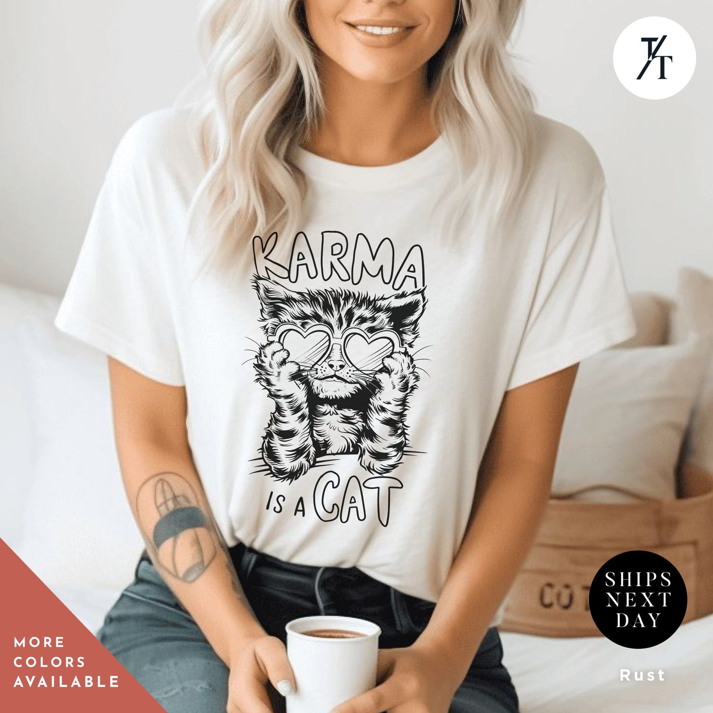 a woman sitting on a bed holding a cup of coffee, Karma is a cat tee, Funny Cat Lovers Shirt, Gift For Music Lover, Funny Karma Vibes T-Shirt, Positive Quote Tee, Music Lover TShirt