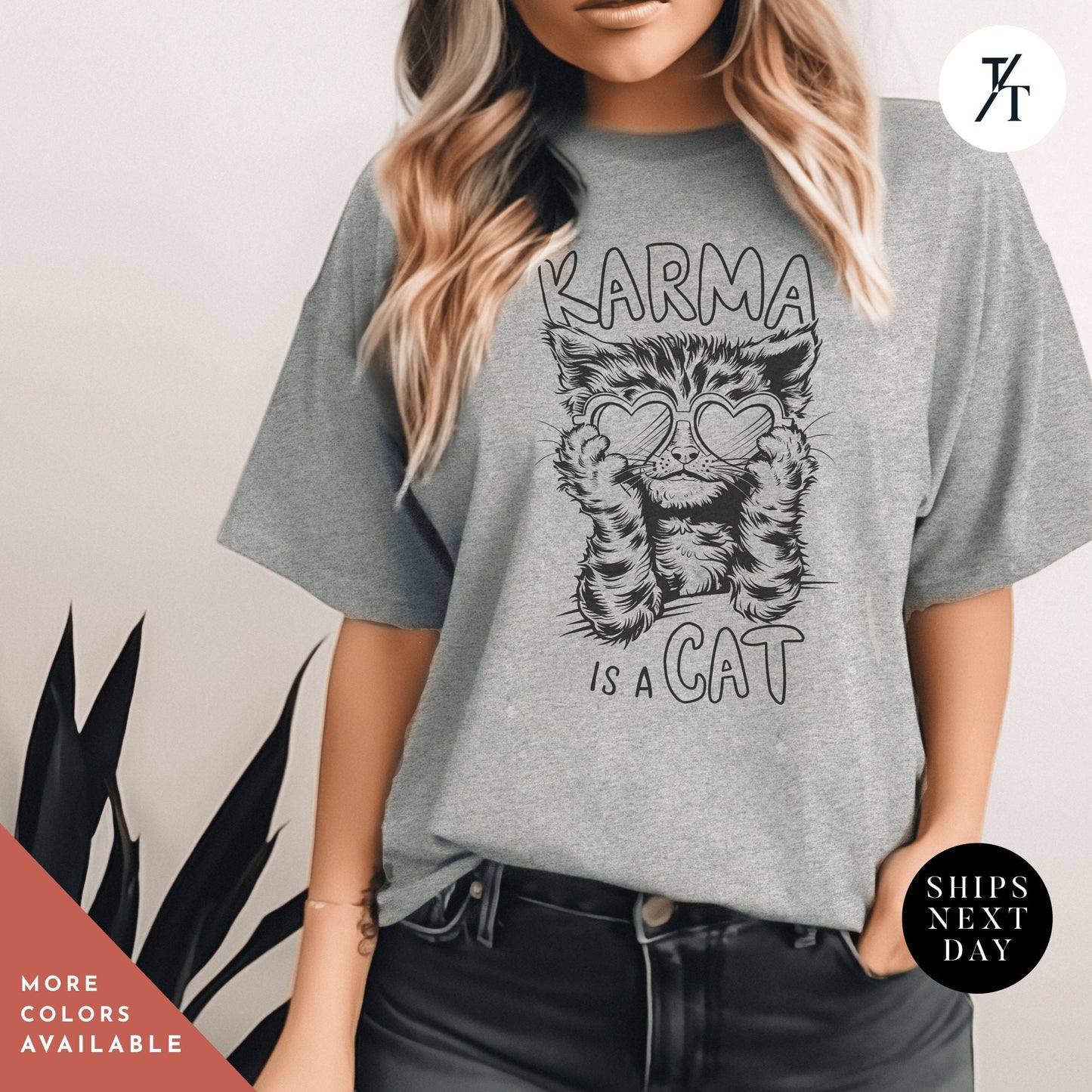 a woman wearing a gray shirt with a cat on it, Karma is a cat tee, Funny Cat Lovers Shirt, Gift For Music Lover, Funny Karma Vibes T-Shirt, Positive Quote Tee, Music Lover TShirt