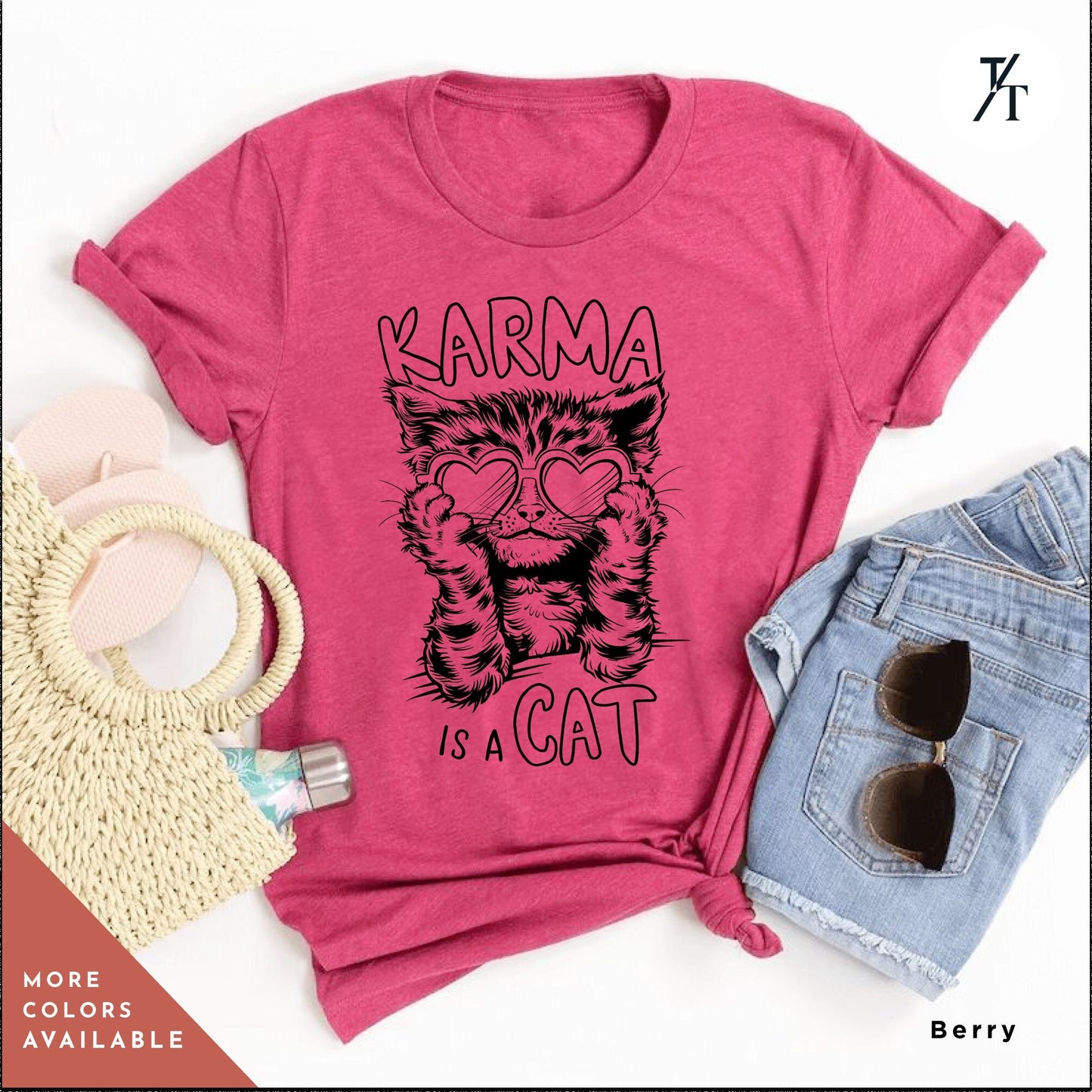 a pink shirt with a cat graphic on it, Karma is a cat tee, Funny Cat Lovers Shirt, Gift For Music Lover, Funny Karma Vibes T-Shirt, Positive Quote Tee, Music Lover TShirt