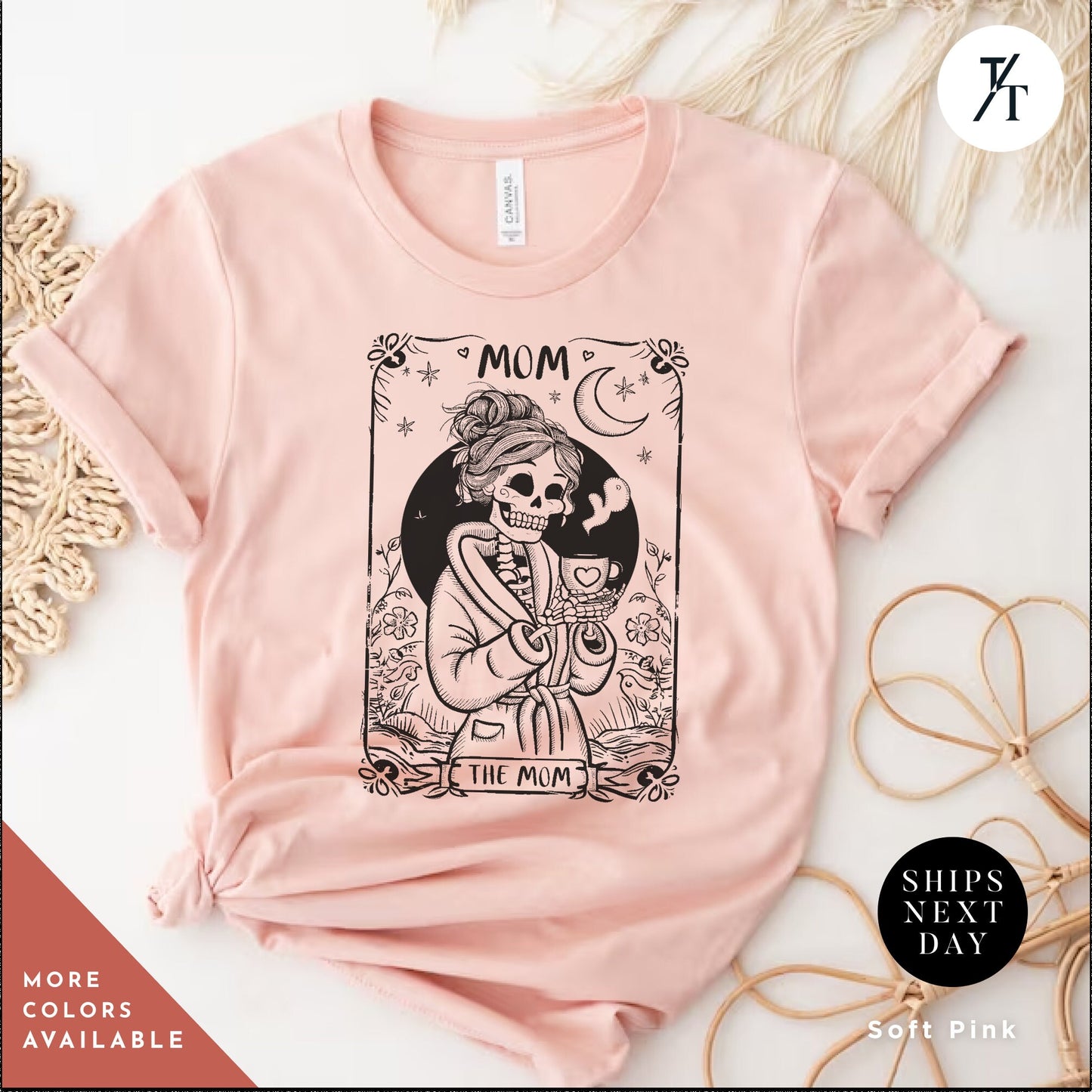 a pink shirt with a picture of a skeleton holding a baby, Mothers Day Shirt, New Mom Gift, The Mom Tarot Card, Witch Mama Shirt, Celestial Mom Tee, Skeleton Tarot Mom, Mothers Day Gift, Gift For Mom, Skeleton Sweatshirt, Momma Sweatshirt,