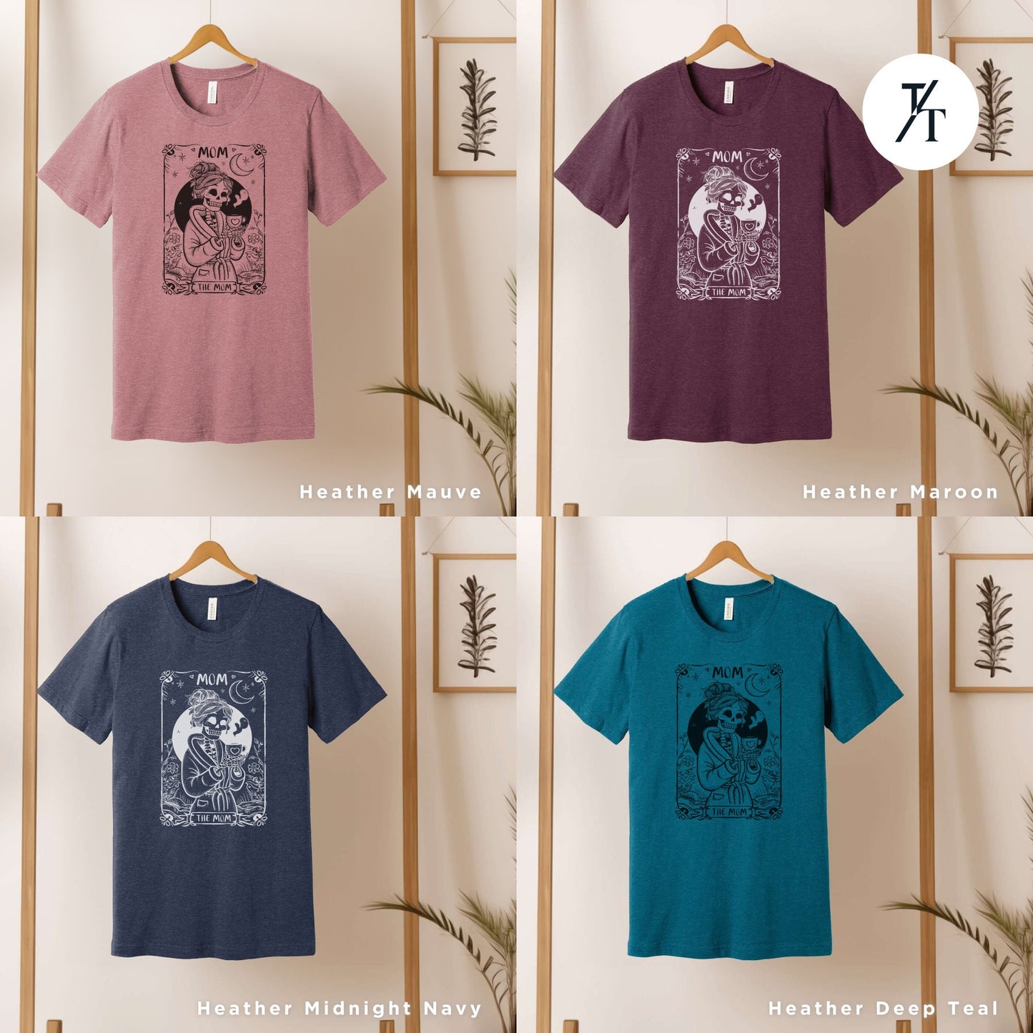 four t - shirts with different designs on them, Mothers Day Shirt, New Mom Gift, The Mom Tarot Card, Witch Mama Shirt, Celestial Mom Tee, Skeleton Tarot Mom, Mothers Day Gift, Gift For Mom, Skeleton Sweatshirt, Momma Sweatshirt,