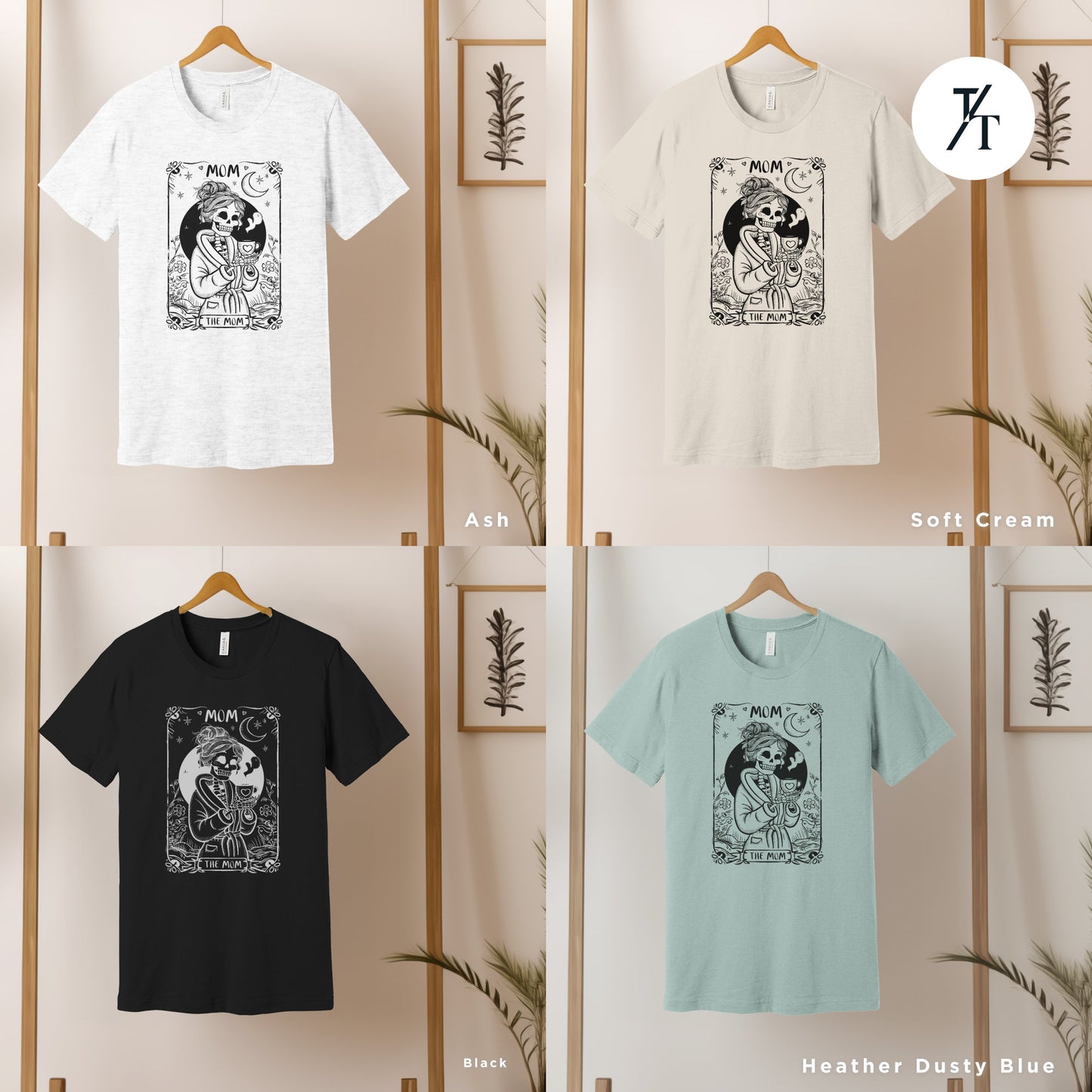 four t - shirts hanging on a wooden rack, Mothers Day Shirt, New Mom Gift, The Mom Tarot Card, Witch Mama Shirt, Celestial Mom Tee, Skeleton Tarot Mom, Mothers Day Gift, Gift For Mom, Skeleton Sweatshirt, Momma Sweatshirt,