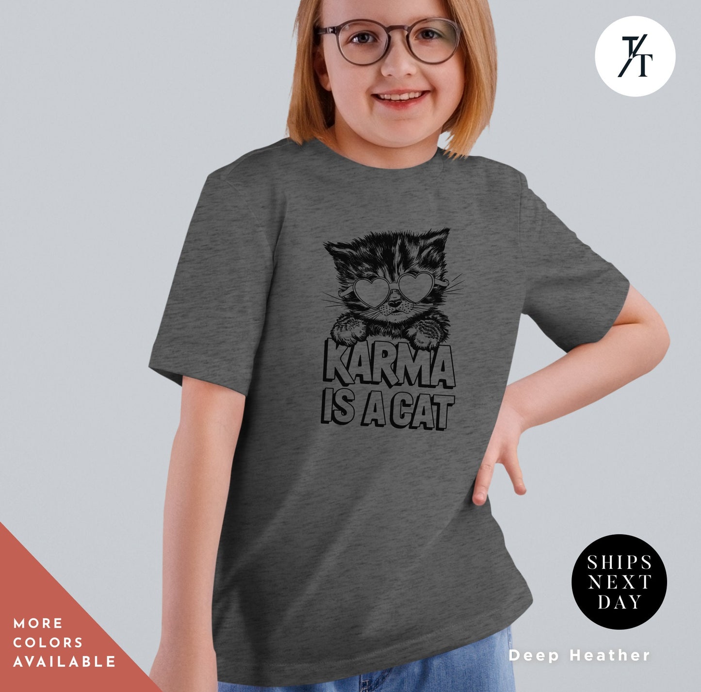 a young girl wearing a gray t - shirt with a black cat on it, Karma Is A Cat Shirt, Kid Taylor Shirt, Eras Tour children's tee, Kids Swiftie tShirt, Little Swiftie tee, girls concert tShirt Youth