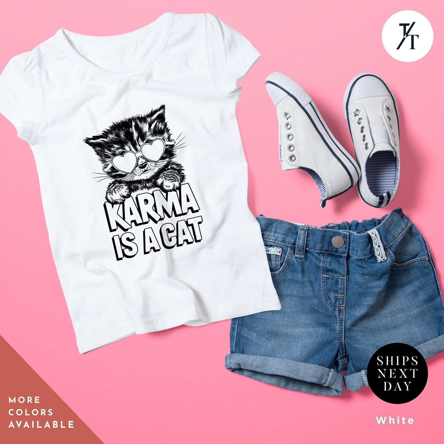 a t - shirt, shorts, and sneakers on a pink background, Karma Is A Cat Shirt, Kid Taylor Shirt, Eras Tour children's tee, Kids Swiftie tShirt, Little Swiftie tee, girls concert tShirt Youth