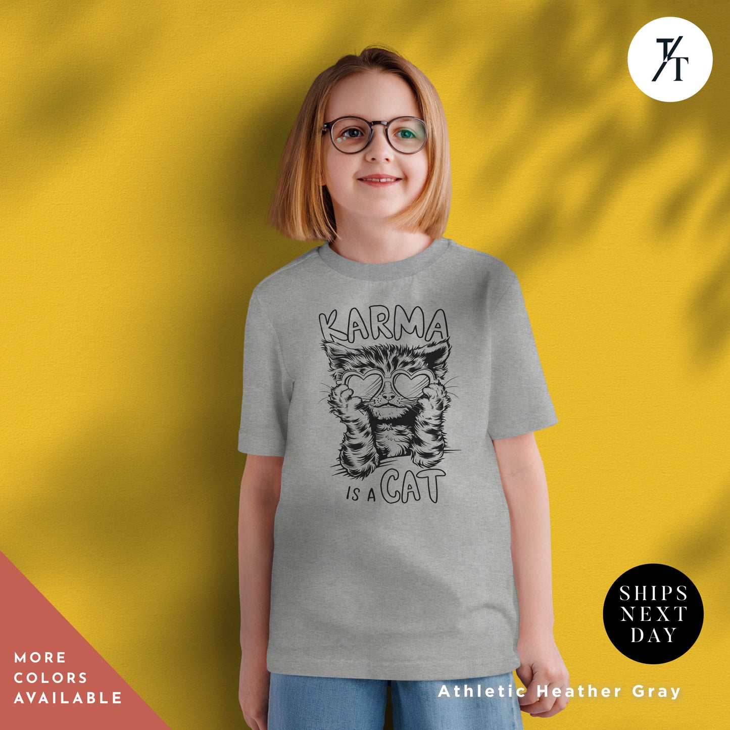 a young girl wearing a gray t - shirt with a picture of a cat on, Karma Is A Cat Shirt, Kid Taylor Shirt, Eras Tour children's tee, Kids Swiftie tShirt, Little Swiftie tee, girls concert tShirt Youth