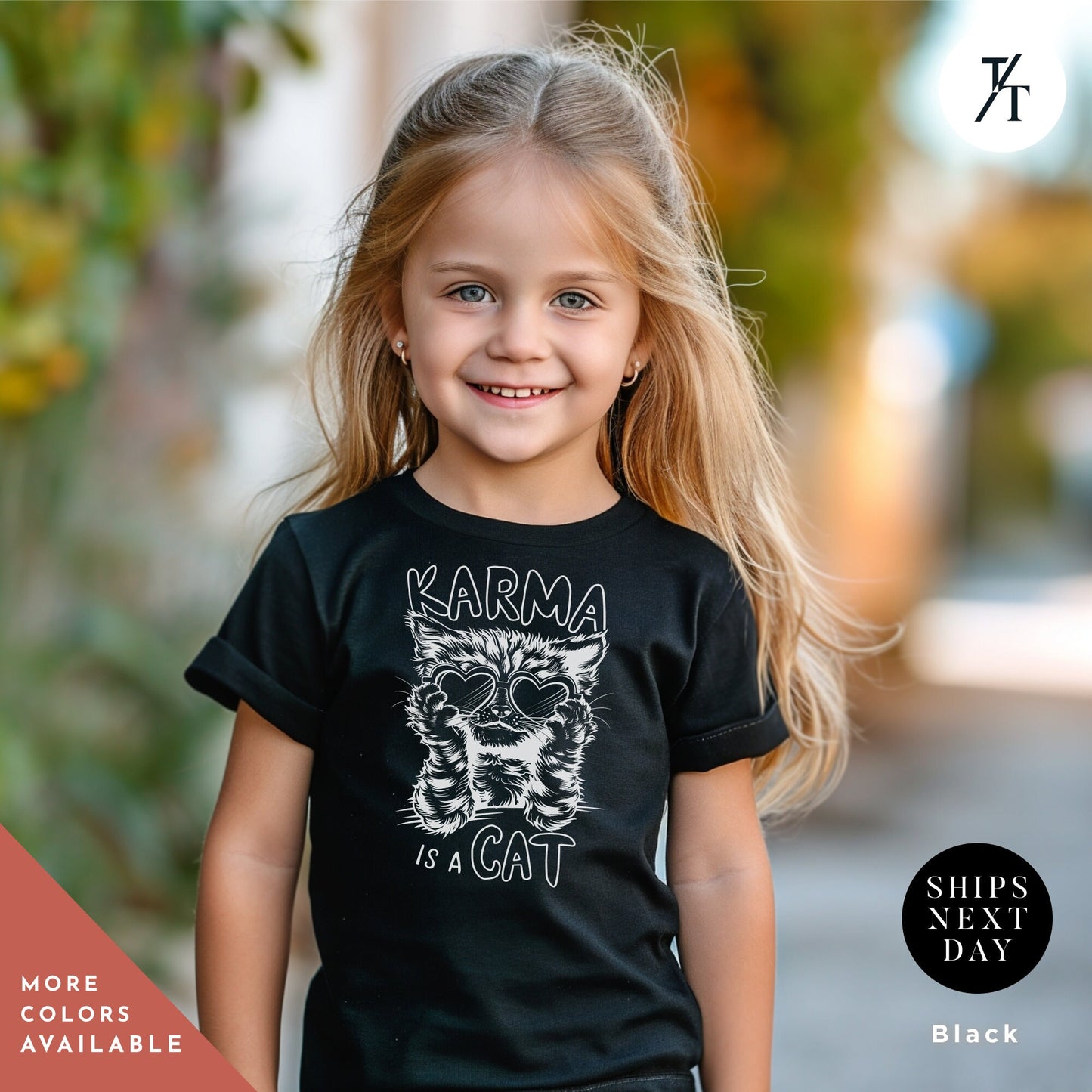 a little girl wearing a black shirt with a cat on it, Karma Is A Cat Shirt, Kid Taylor Shirt, Eras Tour children's tee, Kids Swiftie tShirt, Little Swiftie tee, girls concert tShirt Youth