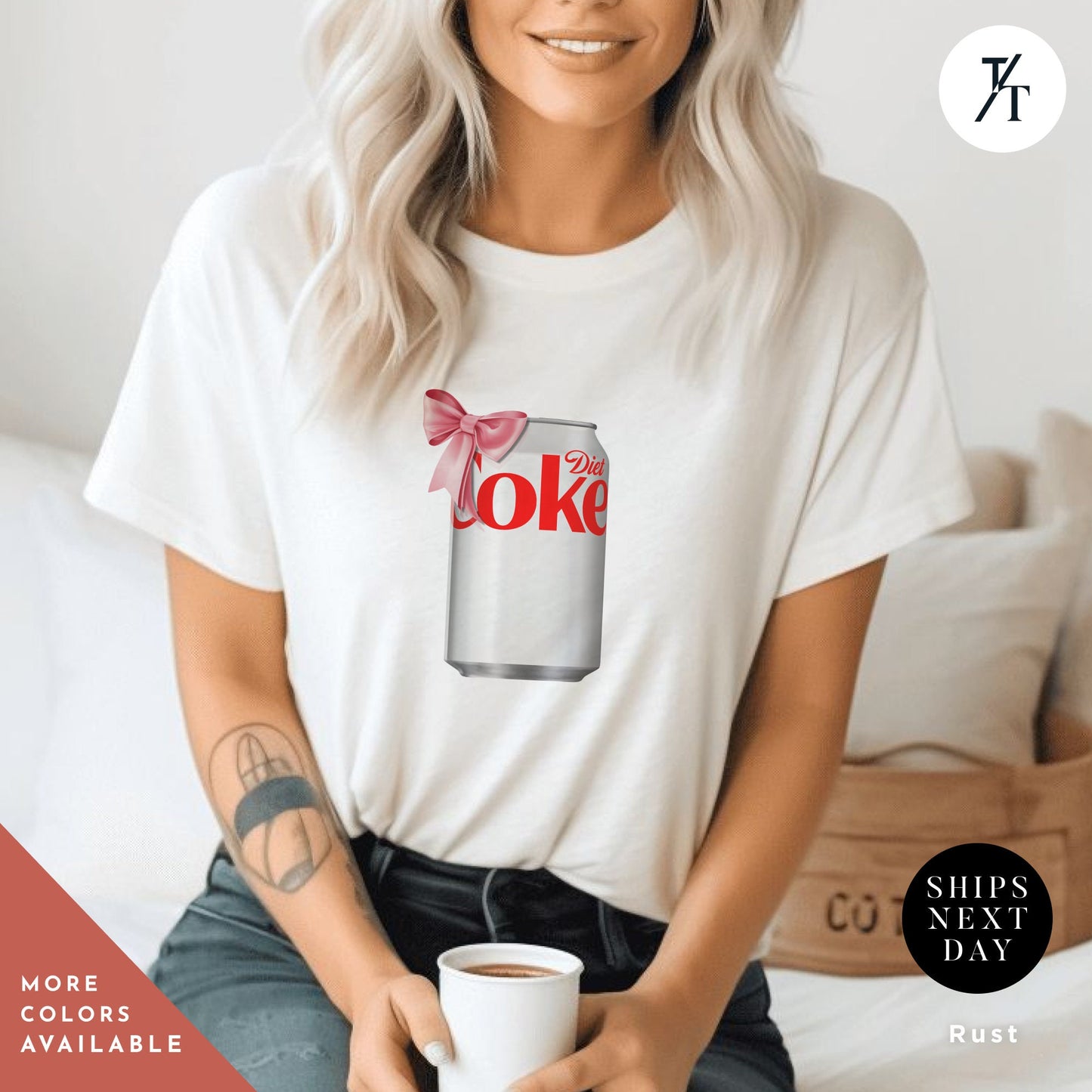 a woman sitting on a bed holding a cup of coffee, I need diet coke, Diet Coke Shirt, Diet Coke Pink Bow Tshirt, Diet Coca Cola Shirt Diet Coke Lover, Trendy Tshirt, Gift For Her, Coca Cola