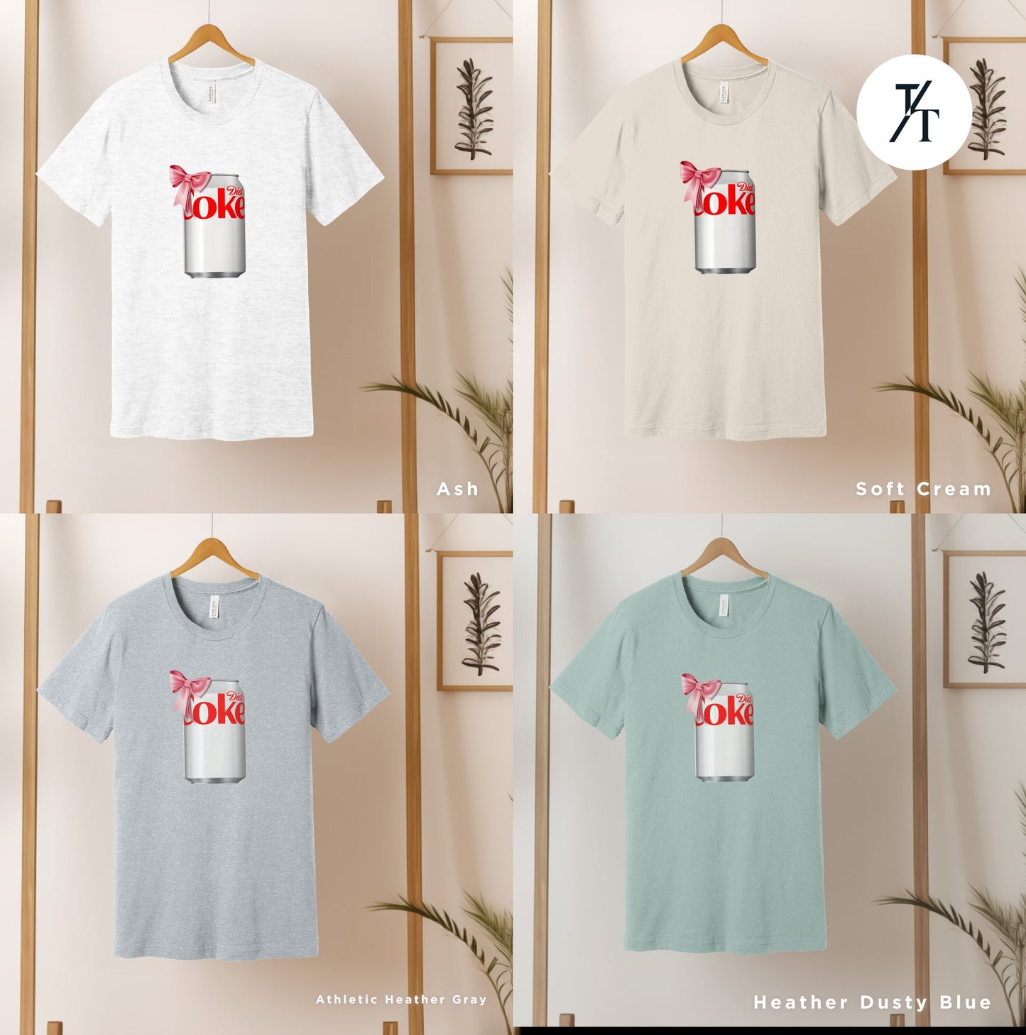 a group of four t - shirts hanging on a wall, I need diet coke, Diet Coke Shirt, Diet Coke Pink Bow Tshirt, Diet Coca Cola Shirt Diet Coke Lover, Trendy Tshirt, Gift For Her, Coca Cola
