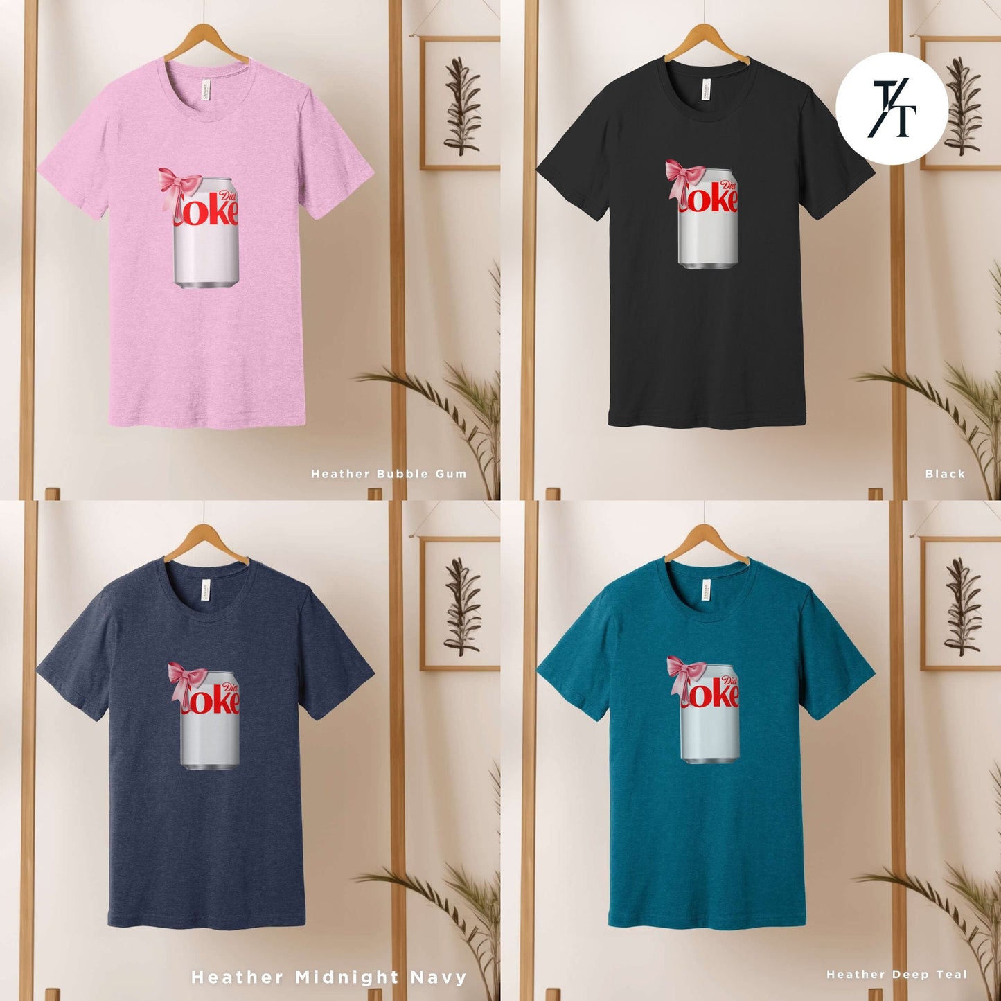 four different colored t - shirts hanging on a wall, I need diet coke, Diet Coke Shirt, Diet Coke Pink Bow Tshirt, Diet Coca Cola Shirt Diet Coke Lover, Trendy Tshirt, Gift For Her, Coca Cola