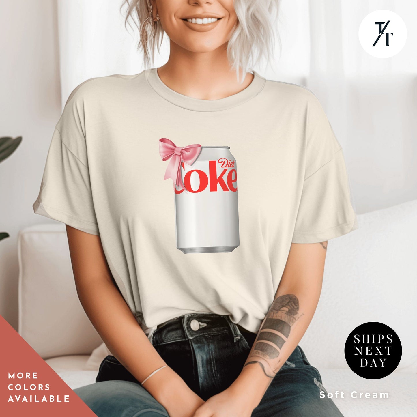 a woman sitting on a couch wearing a coke t - shirt, I need diet coke, Diet Coke Shirt, Diet Coke Pink Bow Tshirt, Diet Coca Cola Shirt Diet Coke Lover, Trendy Tshirt, Gift For Her, Coca Cola