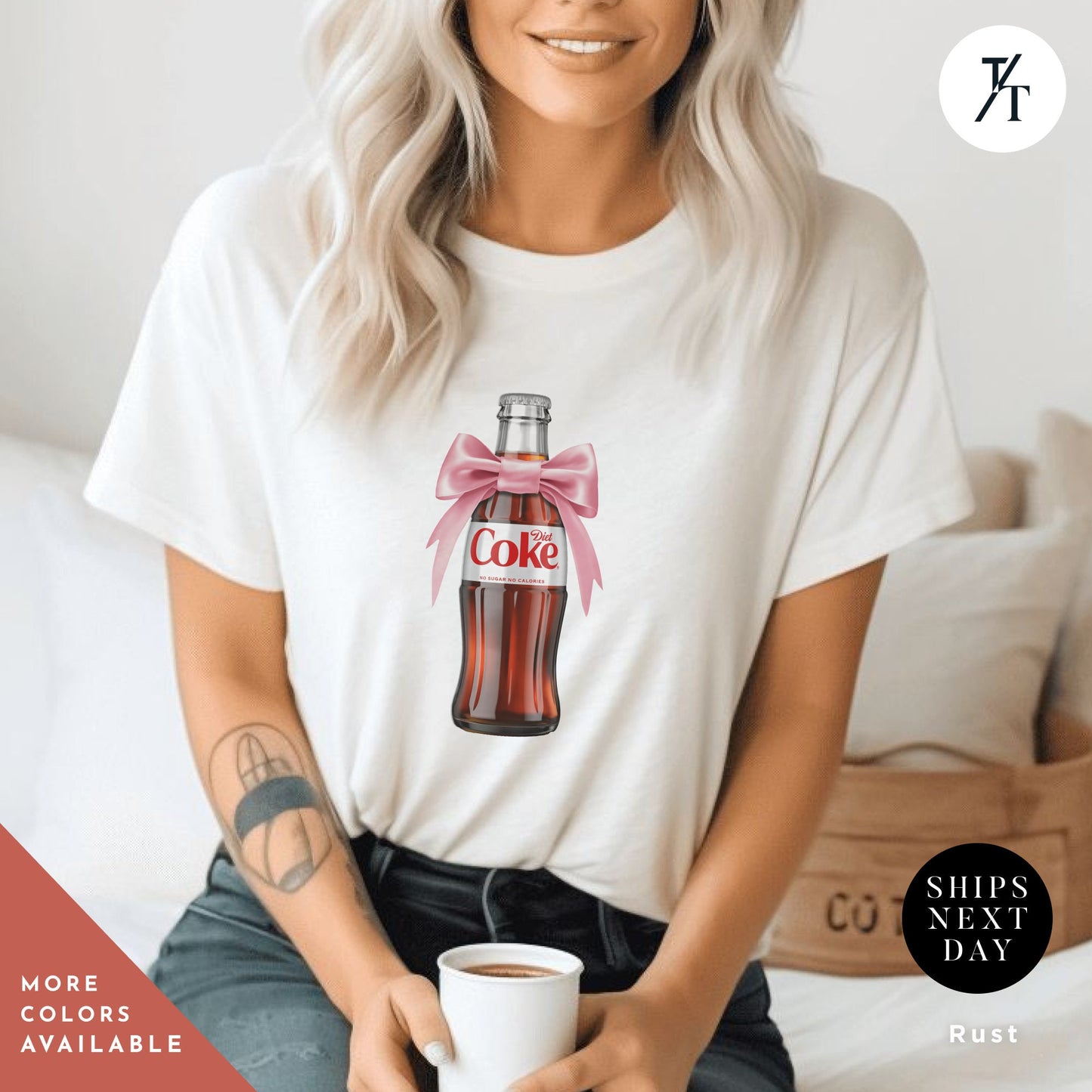 a woman sitting on a bed holding a cup of coffee, i need diet coke, Diet Coke Shirt, Diet Coke Pink Bow Tshirt, Diet Coca Cola Shirt Diet Coke Lover, Trendy Tshirt, Gift For Her, Coca Cola