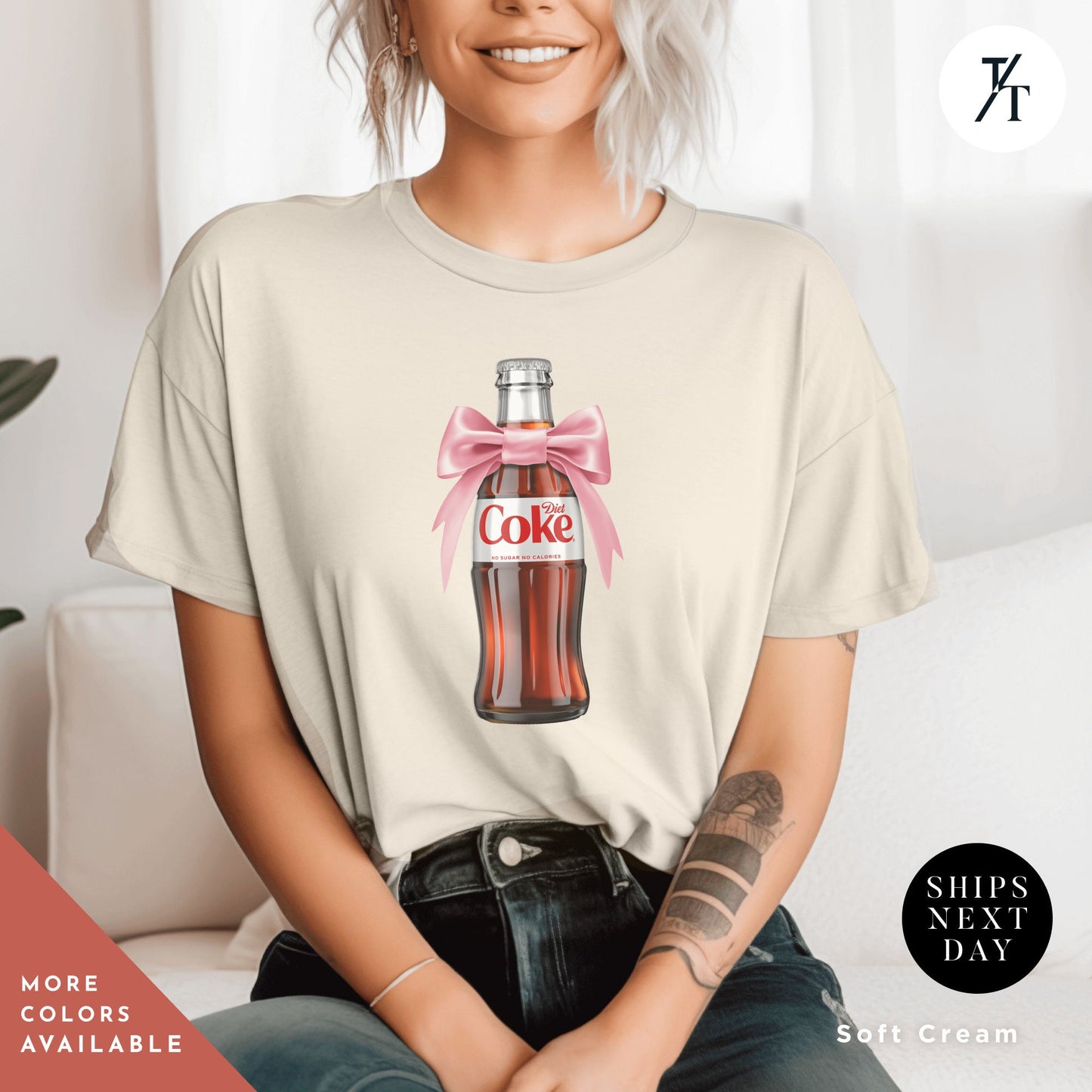 a woman sitting on a couch wearing a coca cola shirt, i need diet coke, Diet Coke Shirt, Diet Coke Pink Bow Tshirt, Diet Coca Cola Shirt Diet Coke Lover, Trendy Tshirt, Gift For Her, Coca Cola