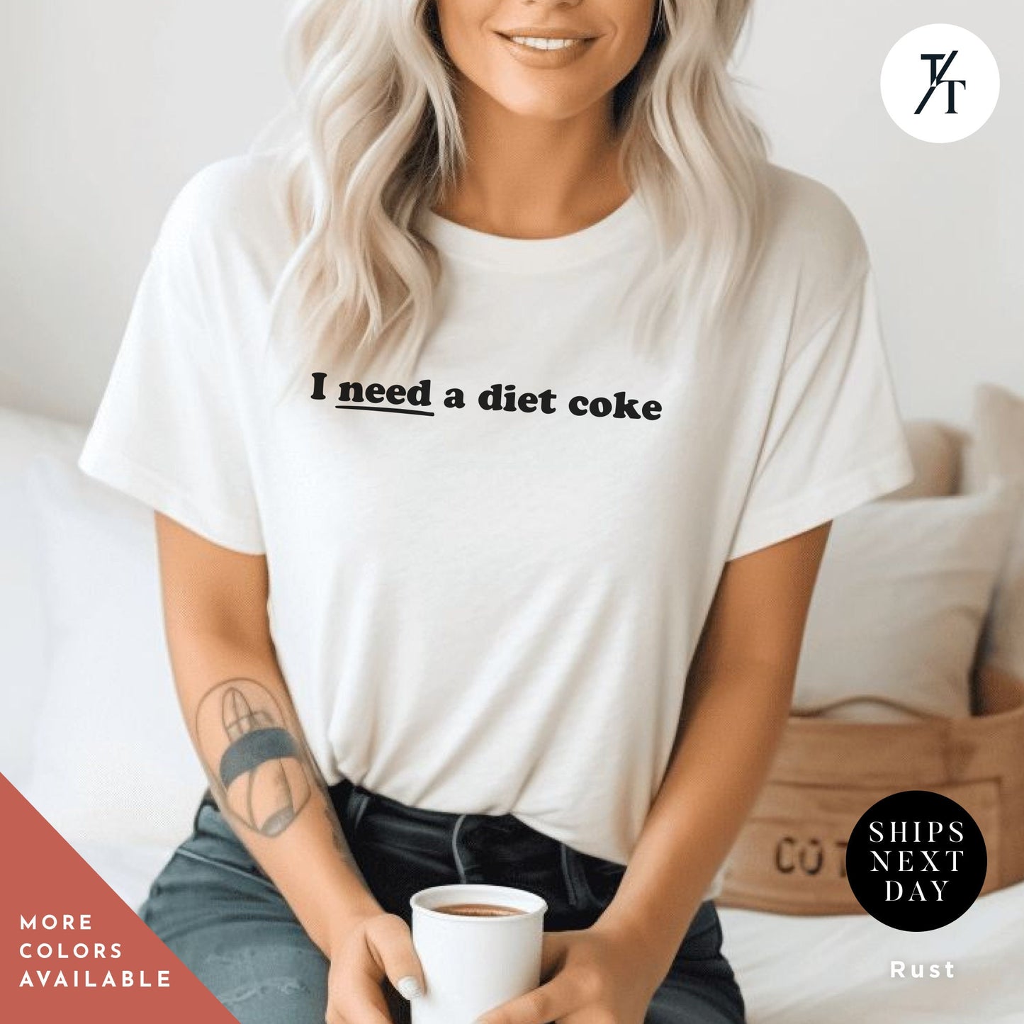 a woman sitting on a bed holding a cup of coffee, I need diet coke, Diet Coke Shirt, Diet Coke Pink Bow Tshirt, Diet Coca Cola Shirt Diet Coke Lover, Trendy Tshirt, Gift For Her, Coca Cola