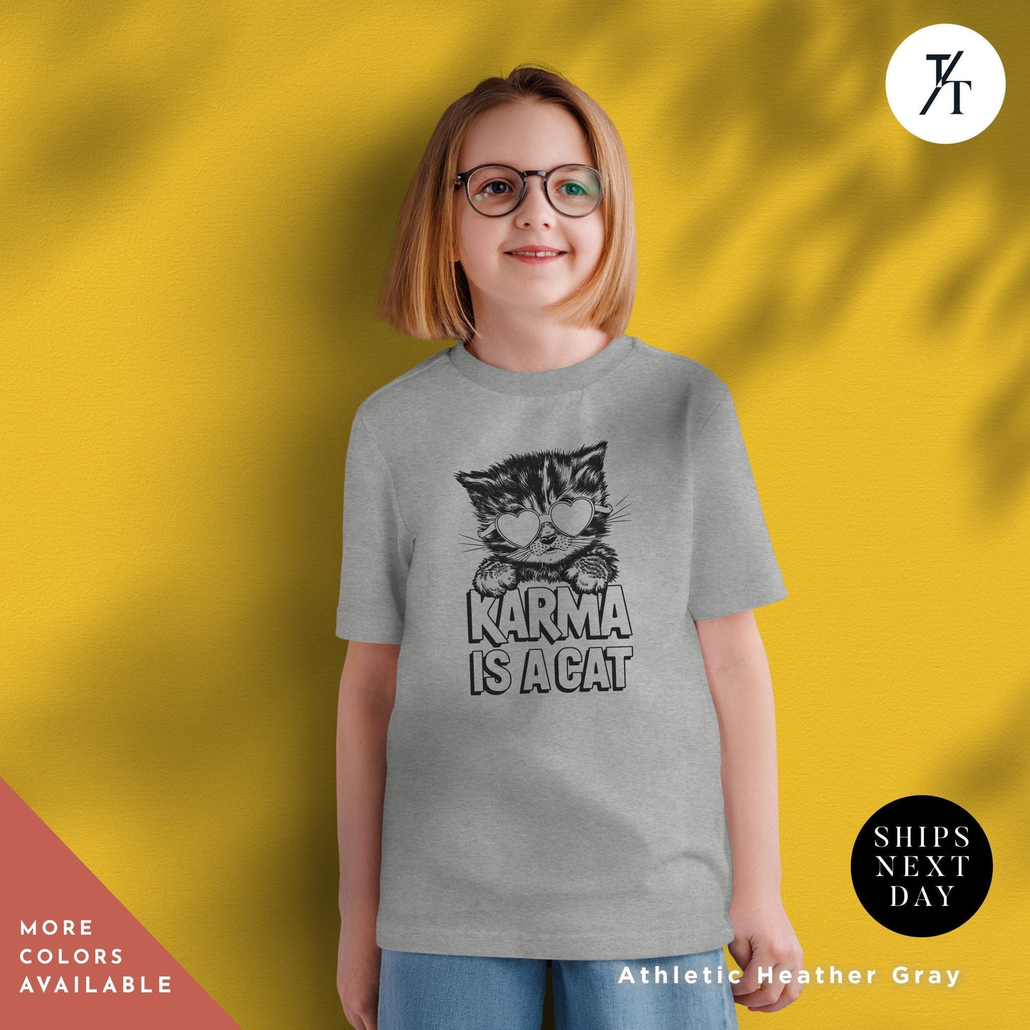 a young girl wearing a gray t - shirt with a picture of a cat on, Karma Is A Cat Shirt, Kid Taylor Shirt, Eras Tour children's tee, Kids Swiftie tShirt, Little Swiftie tee, girls concert tShirt Youth