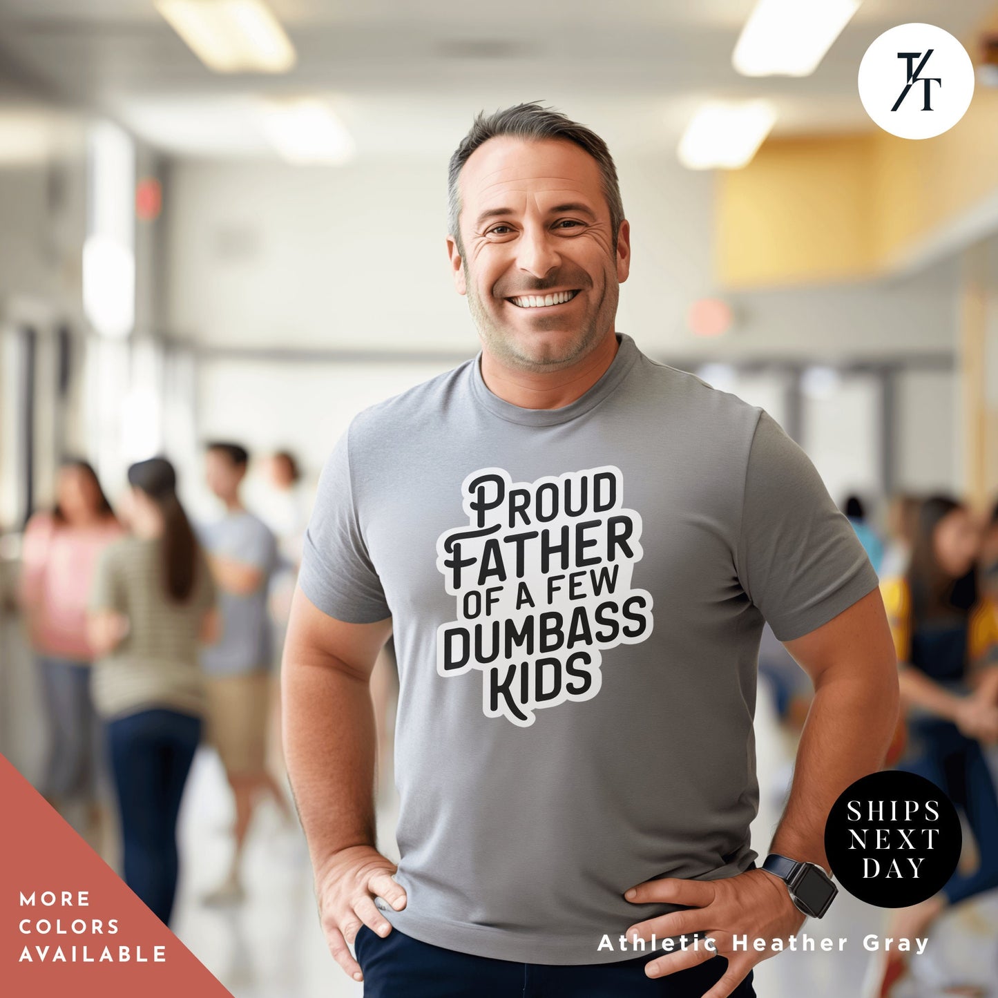 a man wearing a t - shirt that says proud father of a few dumbass, proud father of a few dumbass kids, workout shirt, mens funny shirt, funny gym shirt, dad shirts, fathers day gift, funny shirt for dad