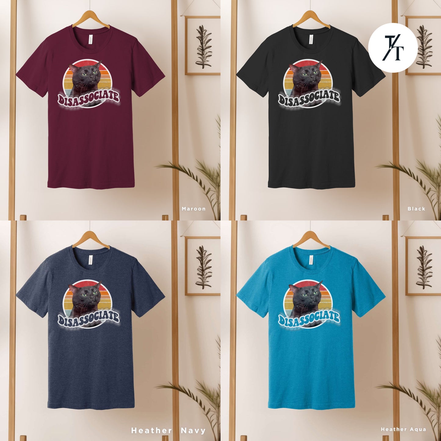six t - shirts hanging on a wooden rack, Zoning out shirt, black cat Zoning Out Funny Meme shirt, Unisex Funny Instagram Meme tee, Disassociating Black Cat Tiktok Trend, catmom gift