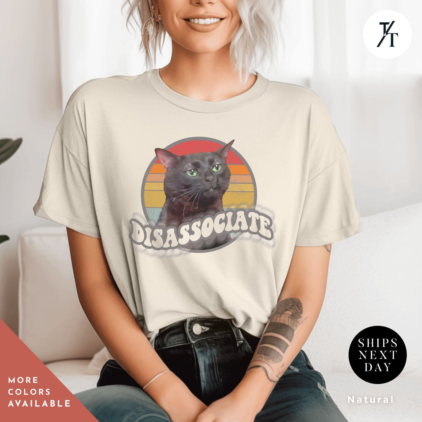 a woman sitting on a couch wearing a white shirt with a black cat on it, Zoning out shirt, black cat Zoning Out Funny Meme shirt, Unisex Funny Instagram Meme tee, Disassociating Black Cat Tiktok Trend, catmom gift