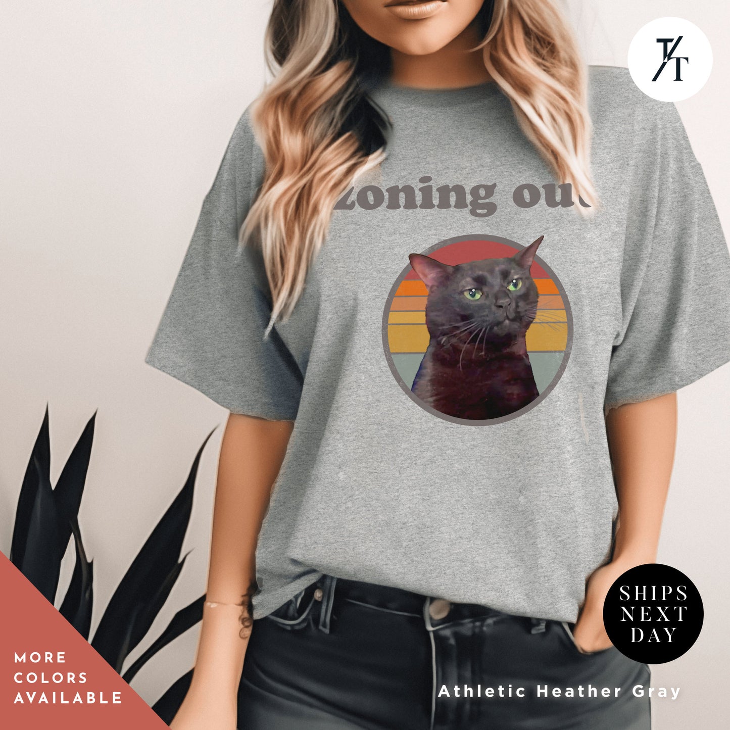 a woman wearing a gray shirt with a cat on it, , Zoning out shirt black cat Zoning Out Cat Meme tee, Disassociating Black Cat Funny Instagram and Tiktok Trend Meme Shirt, Dissociated Emote