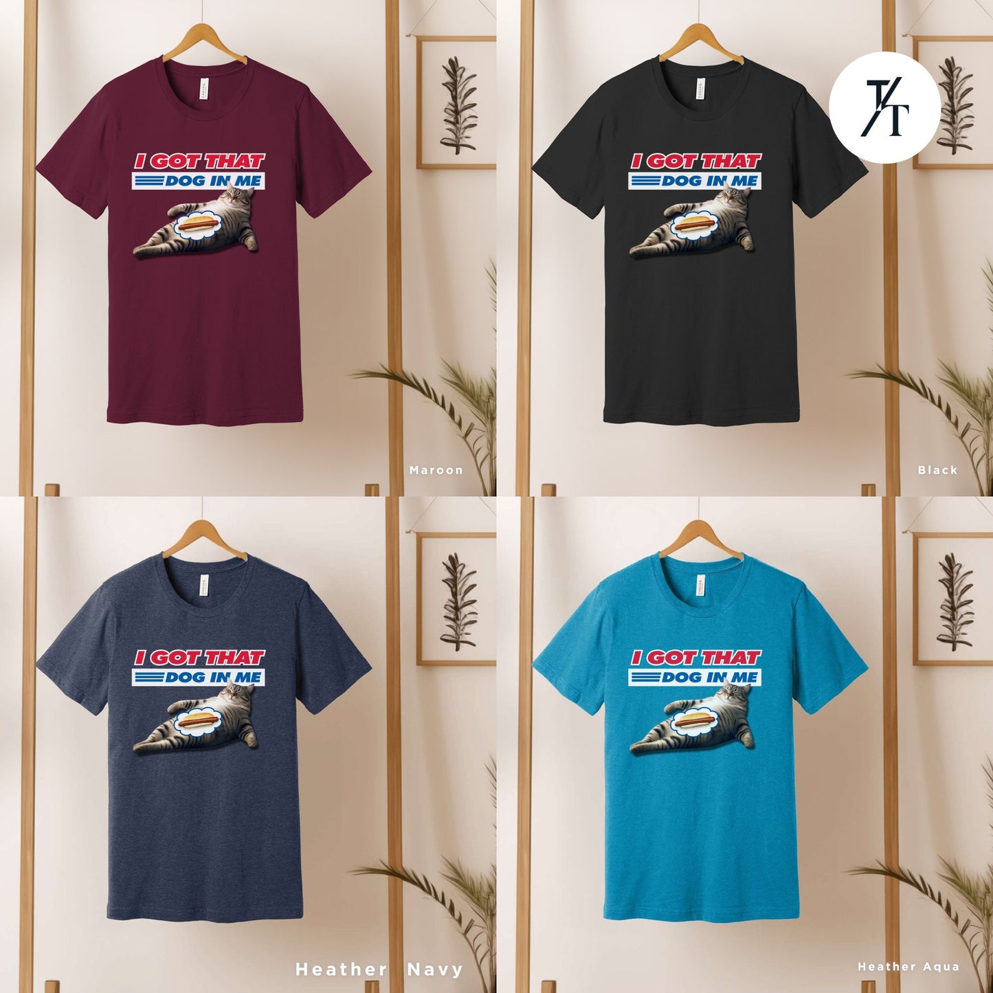 a group of four t - shirts of various colors, , i got that dog in me cat, Funny Cat Shirt, Kirkland Signature tee, All Beef Hot Dog, Funny Costco Shirt, Gift For Him, Costco Hotdog tee