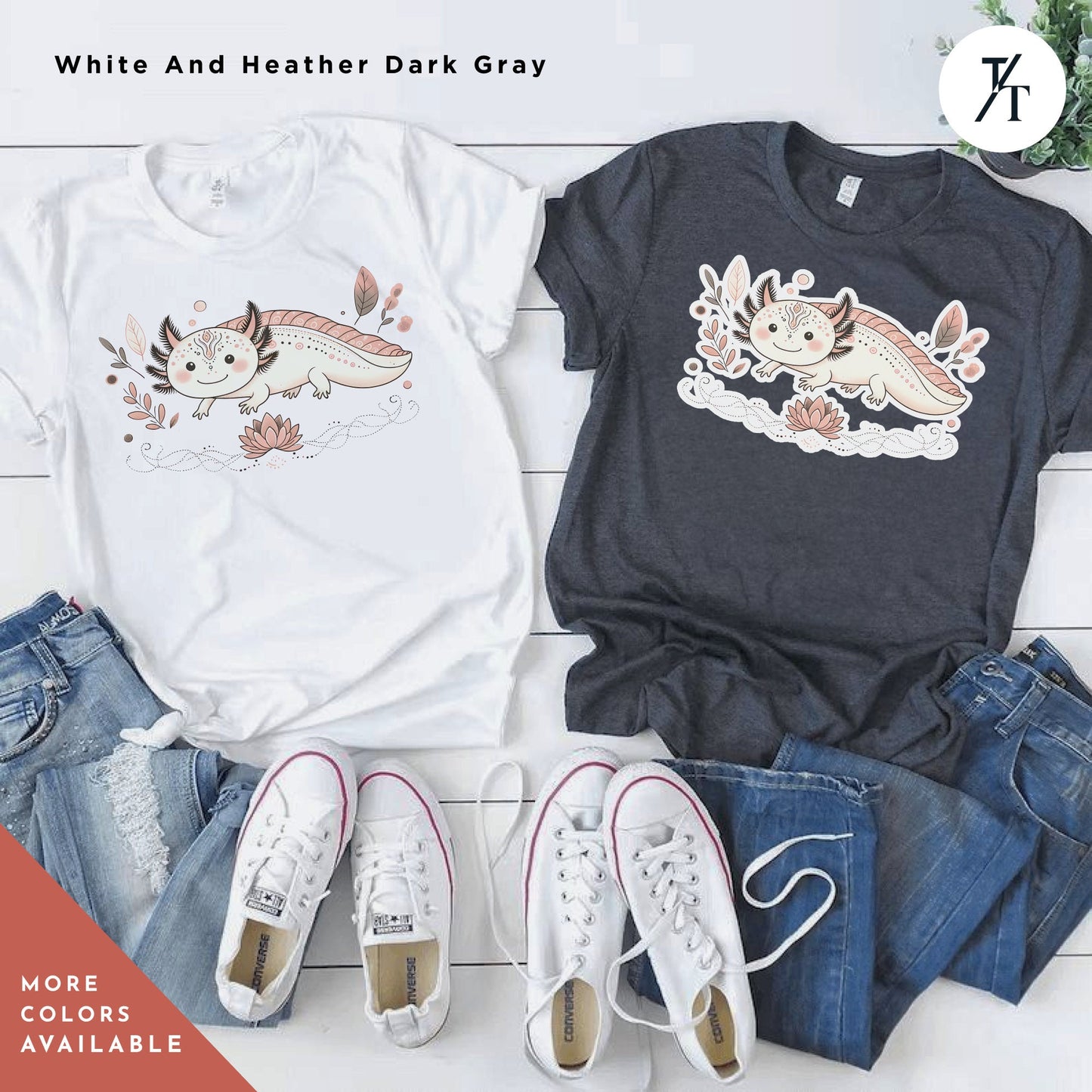 a pair of white sneakers and a t - shirt with two fish on it, Boho Axolotl Shirt, Axolotl Lovers Gifts, Axolotls Shirt Women, Axolotls T-Shirts, Animal Lover Gift, Cute Animal Shirt, Mexican Salamander