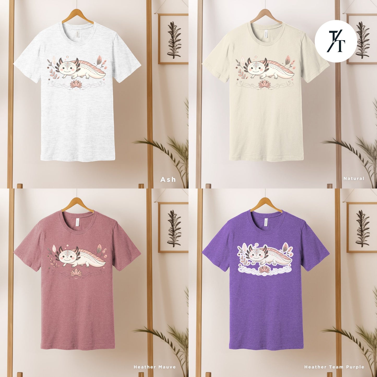 four t - shirts hanging on a wooden rack in front of a plant, Boho Axolotl Shirt, Axolotl Lovers Gifts, Axolotls Shirt Women, Axolotls T-Shirts, Animal Lover Gift, Cute Animal Shirt, Mexican Salamander