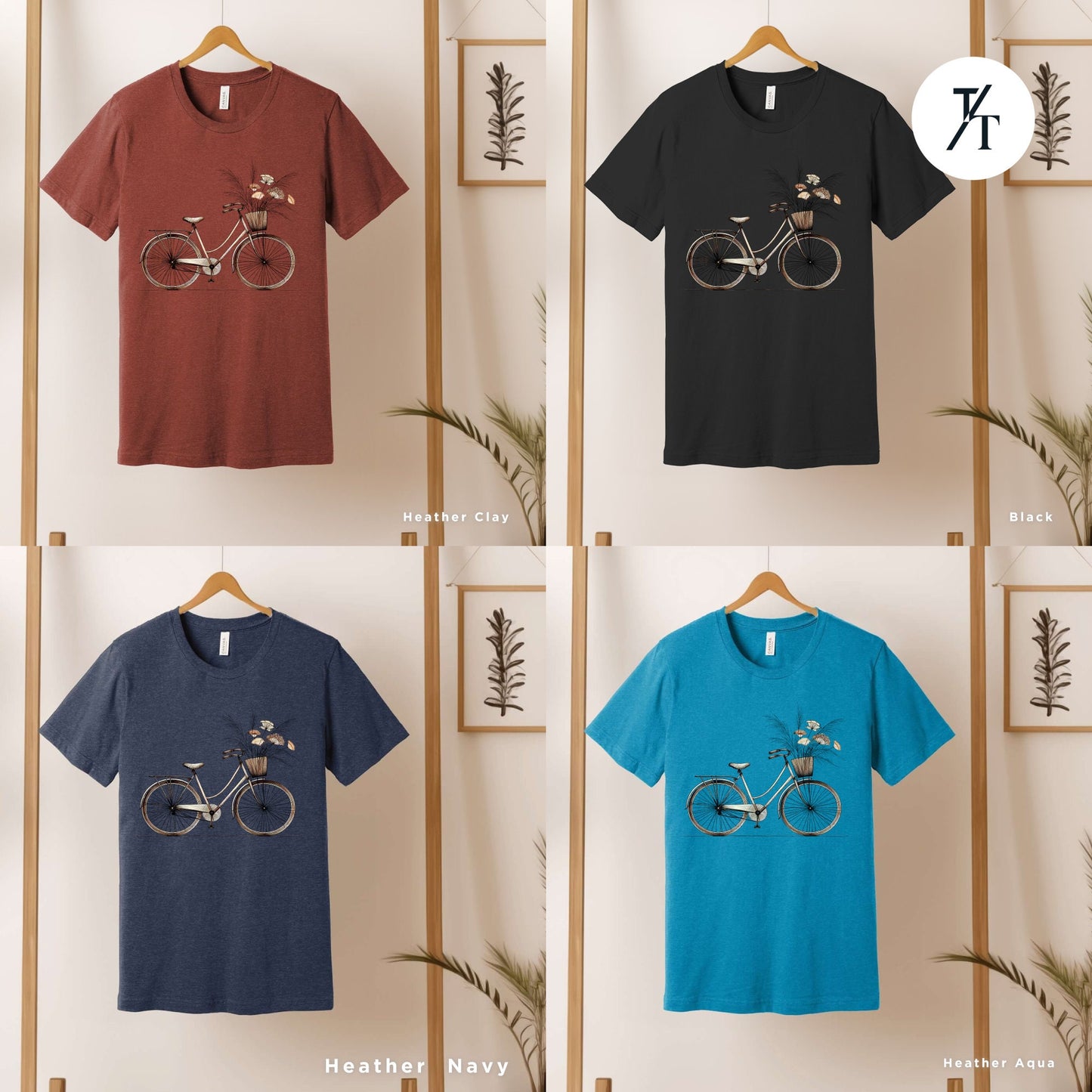 four different t - shirts with a bicycle on them, Retro bike flowers shirts, Bicycle Floral Shirt, Retro Bike Shirt, Gift For Her, Wildflower tShirt, Retro Flower tShirt, Bicycle Floral tee