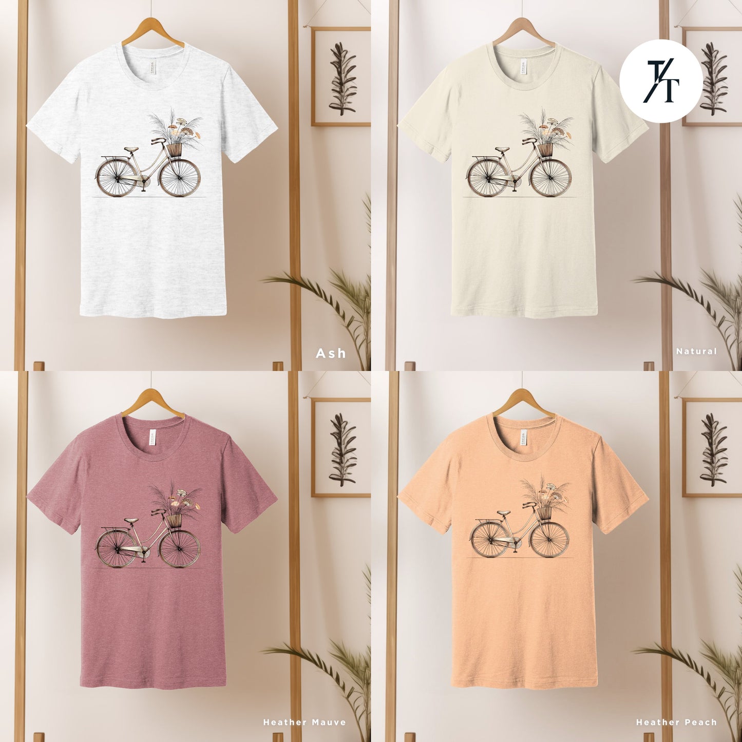 a group of t - shirts hanging on a wall, Retro bike flowers shirts, Bicycle Floral Shirt, Retro Bike Shirt, Gift For Her, Wildflower tShirt, Retro Flower tShirt, Bicycle Floral tee