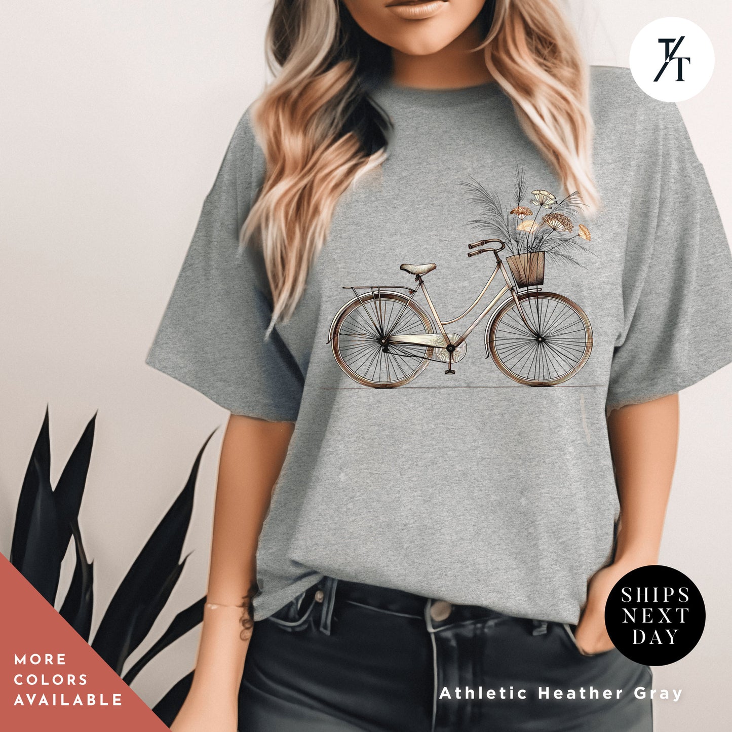 a woman wearing a t - shirt with a bicycle on it, Retro bike flowers shirts, Bicycle Floral Shirt, Retro Bike Shirt, Gift For Her, Wildflower tShirt, Retro Flower tShirt, Bicycle Floral tee