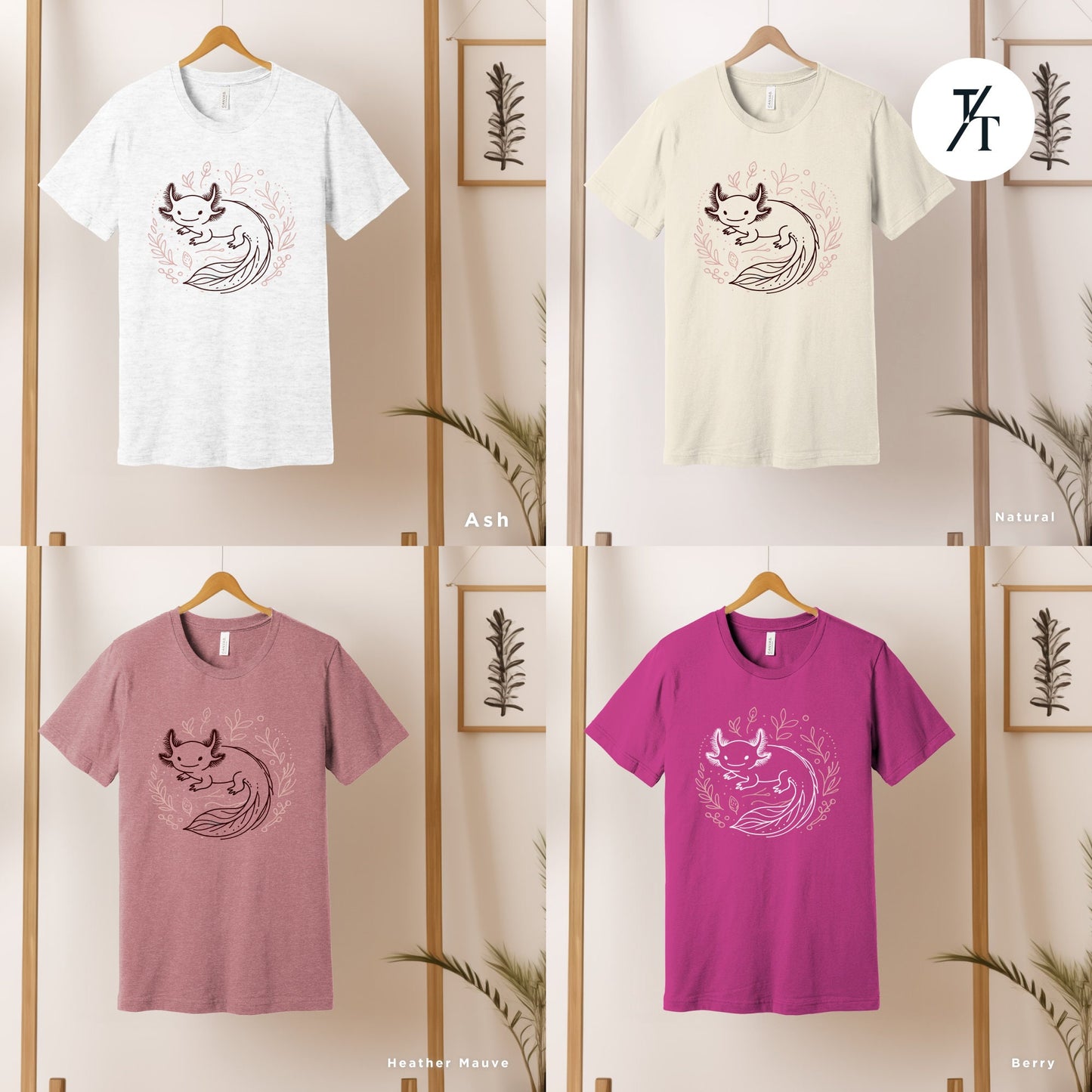 four t - shirts hanging on a wall next to a plant, Cute Axolotl Shirt, Axolotl Lovers Gifts, Axolotls Shirt Women, Axolotls T-Shirts, Animal Lover Gift, Cute Animal Shirt, Mexican Salamander