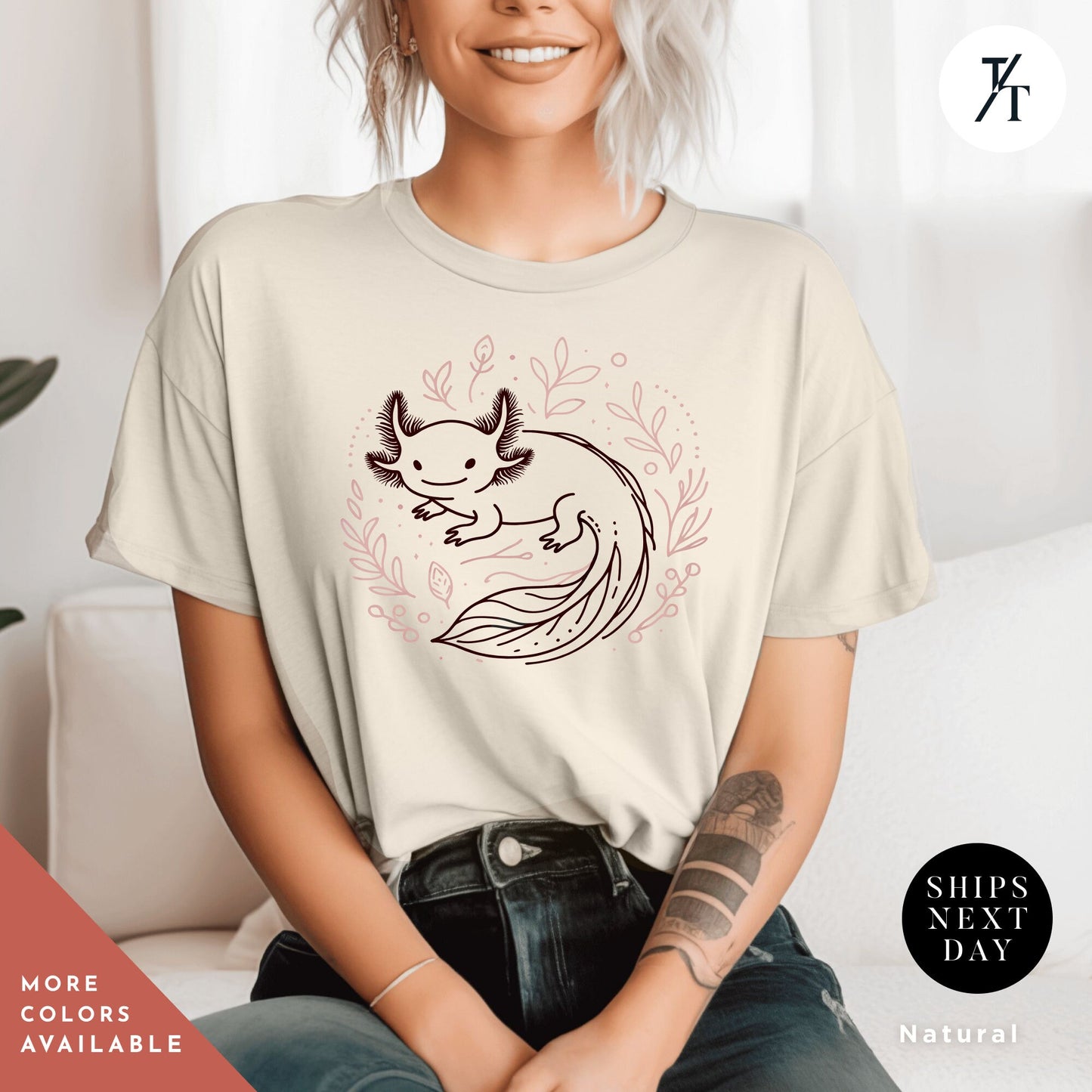 a woman sitting on a couch wearing a t - shirt with an image of a axolotl om it, , Cute Axolotl Shirt, Axolotl Lovers Gifts, Axolotls Shirt Women, Axolotls T-Shirts, Animal Lover Gift, Cute Animal Shirt, Mexican Salamander