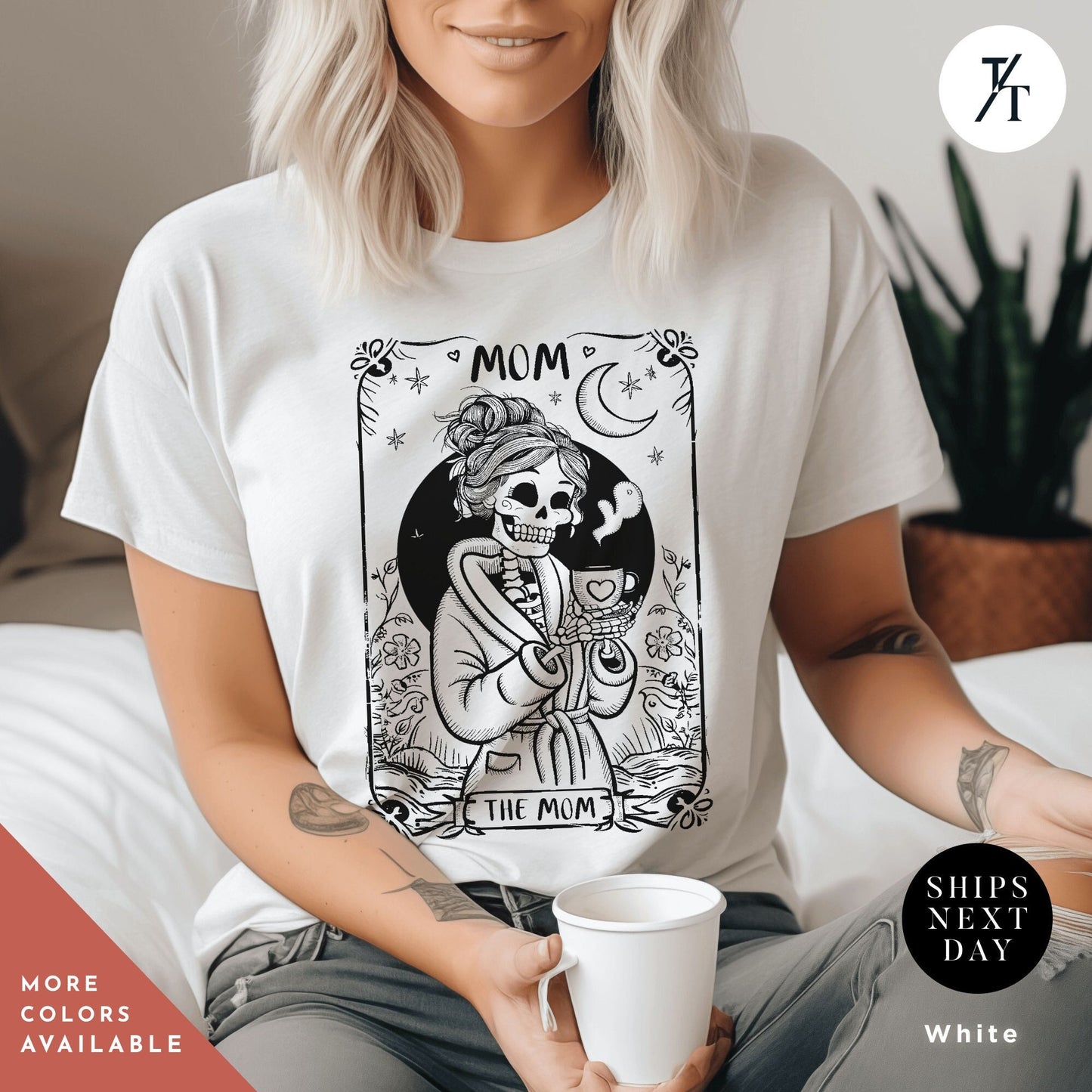 a woman sitting on a bed holding a cup of coffee, Mothers Day Shirt, New Mom Gift, The Mom Tarot Card, Witch Mama Shirt, Celestial Mom Tee, Skeleton Tarot Mom, Mothers Day Gift, Gift For Mom, Skeleton Sweatshirt, Momma Sweatshirt,