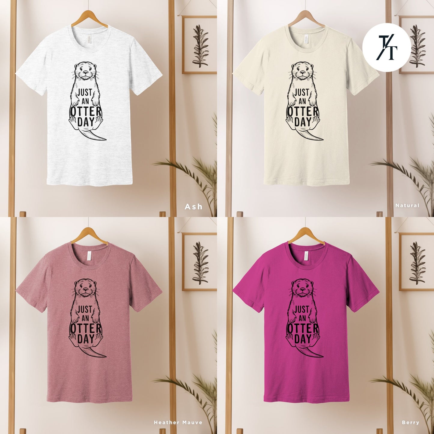 four t - shirts hanging on a wooden rack, Funny Otter Lover Shirt, Otter T-Shirt, Otters Lover Gift, Sea Otters Gift, Xmas Gift For Women, Funny Mens T-Shirts, Funny Animal shirts