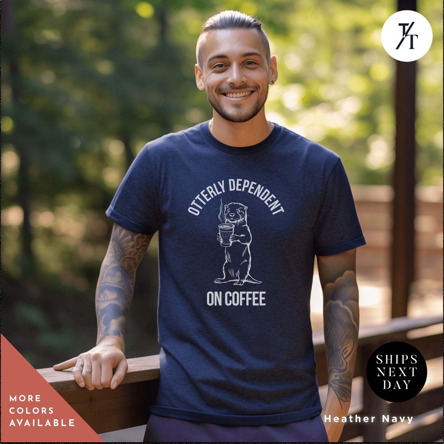 a man wearing a blue shirt with a bear on itOtter coffee shirt, Coffee Otter Shirt, Otters Lover Shirts, Otters Lover Gift, SeaOtter Gift, Xmas Gift For Women, Funny Mens T-Shirts
