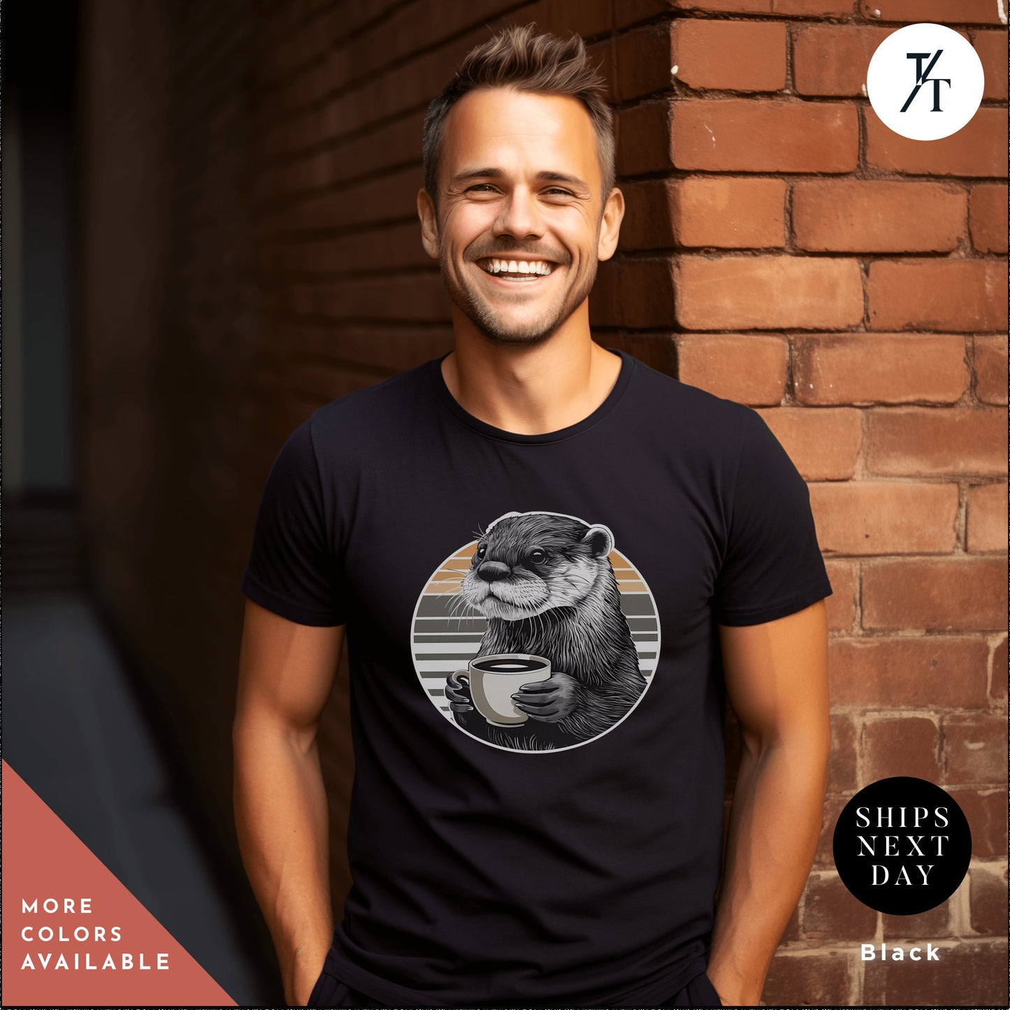 a man standing in front of a brick wall wearing a black shirt with a otter, Otter coffee shirt, Coffee Otter Shirt, Otters Lover Shirts, Otters Lover Gift, SeaOtter Gifts, Xmas Gift For Women, Funny Mens T-Shirts