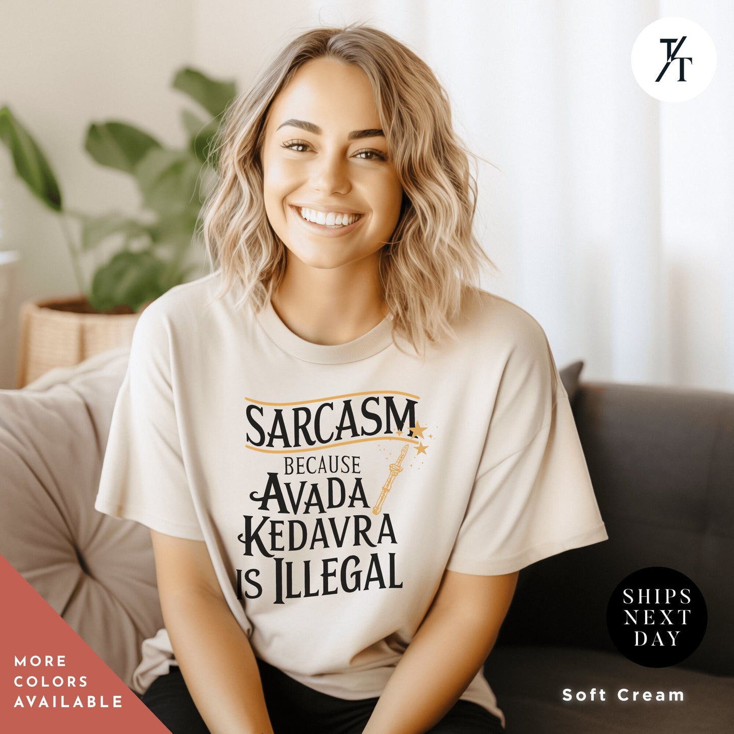 a woman sitting on a couch wearing a t - shirt, avada kedavra shirt, sarcasm because avada kedavra is illegal shirt, Wizard School tshirt, Pottery tee, Bookish Reader tee, Gift For Reader
