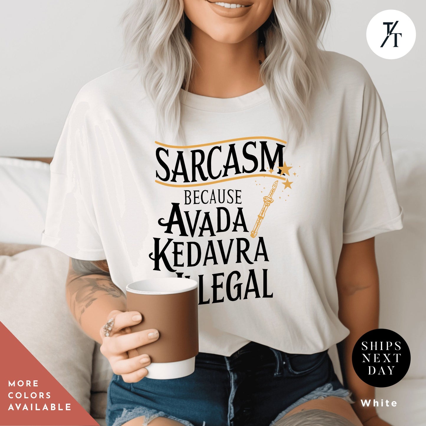 a woman holding a cup of coffee while wearing a t - shirt, avada kedavra shirt, sarcasm because avada kedavra is illegal shirt, Wizard School tshirt, Pottery tee, Bookish Reader tee, Gift For Reader