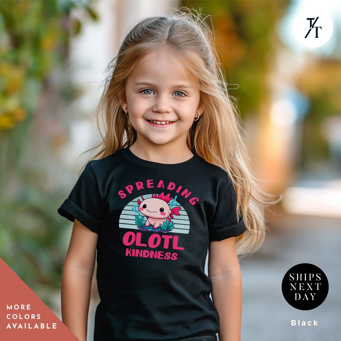 a little girl wearing a black shirt with a pink axolotl on it, axolotl shirt for girl, Girls Axolotl Shirt, Cute Axolotls tShirt, Funny Axolotls tShirt, Girl Birthday tee, Animal Lover tee, kids birthday