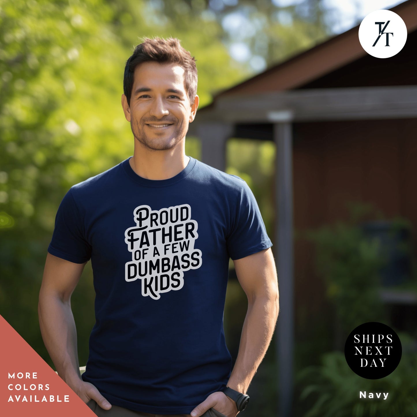 a man wearing a t - shirt that says proud father of a few dumbass, proud father of a few dumbass kids, workout shirt, mens funny shirt, funny gym shirt, dad shirts, fathers day gift, funny shirt for dad