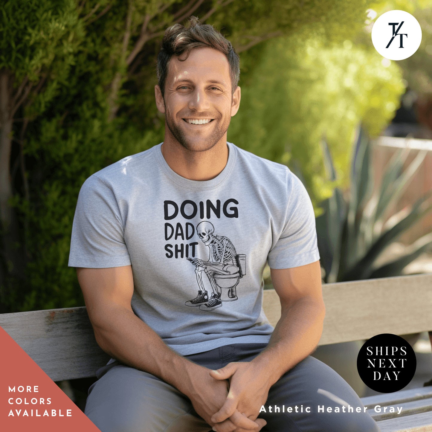 a man sitting on a wooden bench wearing a shirt that says doing dad shit, Doing dad shirt dtf For Men, Funny Skeleton Fathers Day Gift, Doing Dad Shit tee, Fathers Day Shirt, Trendy Adult Humor, Dad Birthday Gifts