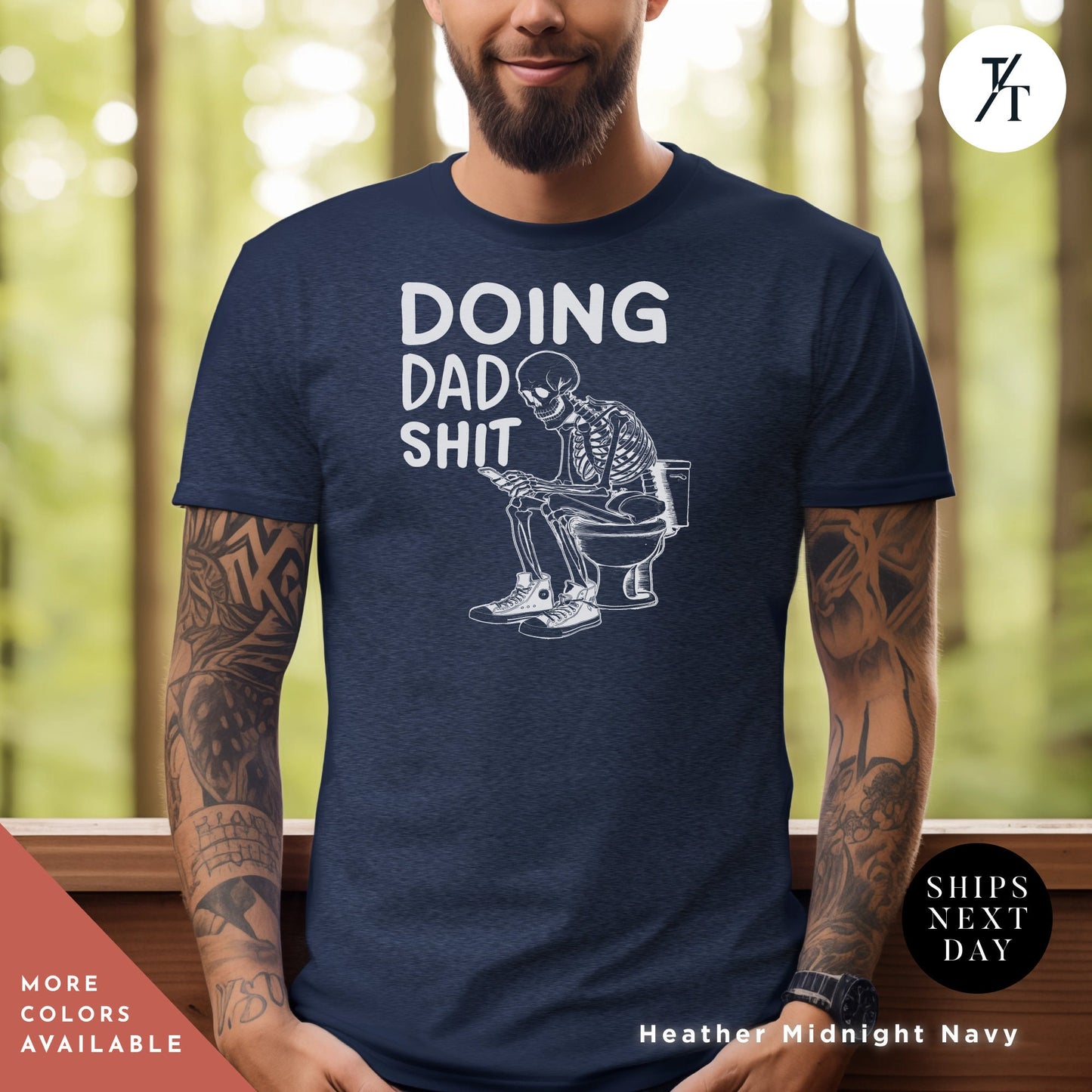 a man wearing a navy shirt that says doing dad shit, Doing dad shirt dtf For Men, Funny Skeleton Fathers Day Gift, Doing Dad Shit tee, Fathers Day Shirt, Trendy Adult Humor, Dad Birthday Gifts
