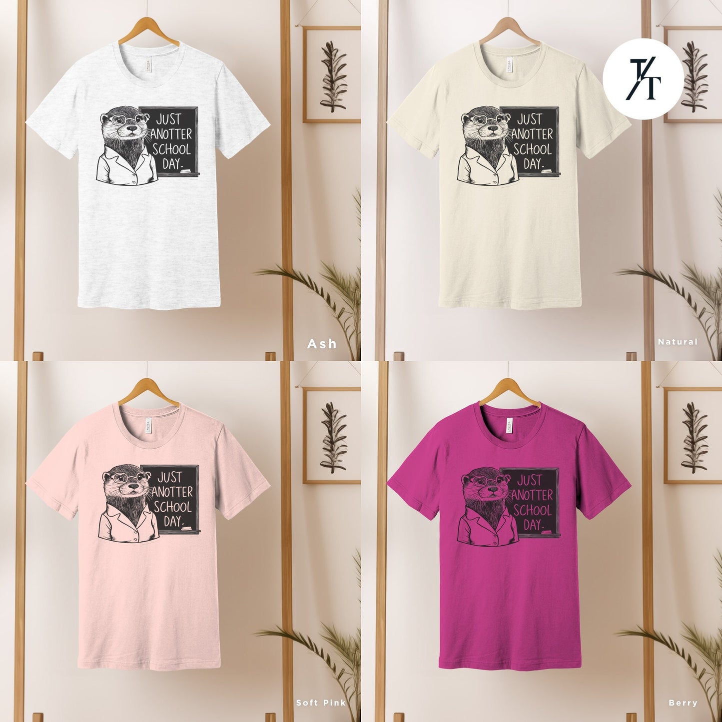 four t - shirts hanging on a wall with a plant in front of them, Sea otter t-shirt, Gift For Teacher, Otter Lover Gift, Funny Teacher Shirt, Back To School Gift, Ottermom tShirt, Sea Otters tee