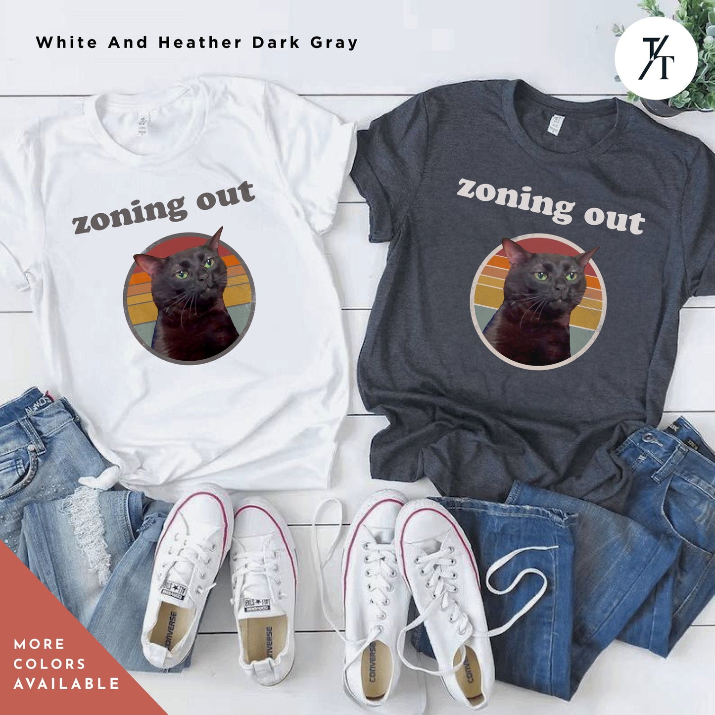 a couple of t - shirts that are on a table, Zoning out shirt black cat Zoning Out Cat Meme tee, Disassociating Black Cat Funny Instagram and Tiktok Trend Meme Shirt, Dissociated Emote