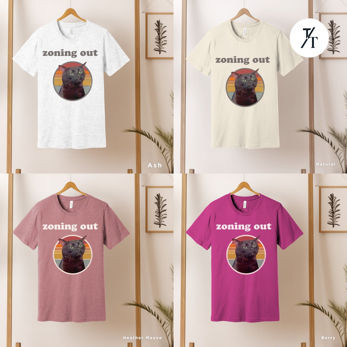 four t - shirts hanging on a wall with a plant in front of them, , Zoning out shirt black cat Zoning Out Cat Meme tee, Disassociating Black Cat Funny Instagram and Tiktok Trend Meme Shirt, Dissociated Emote