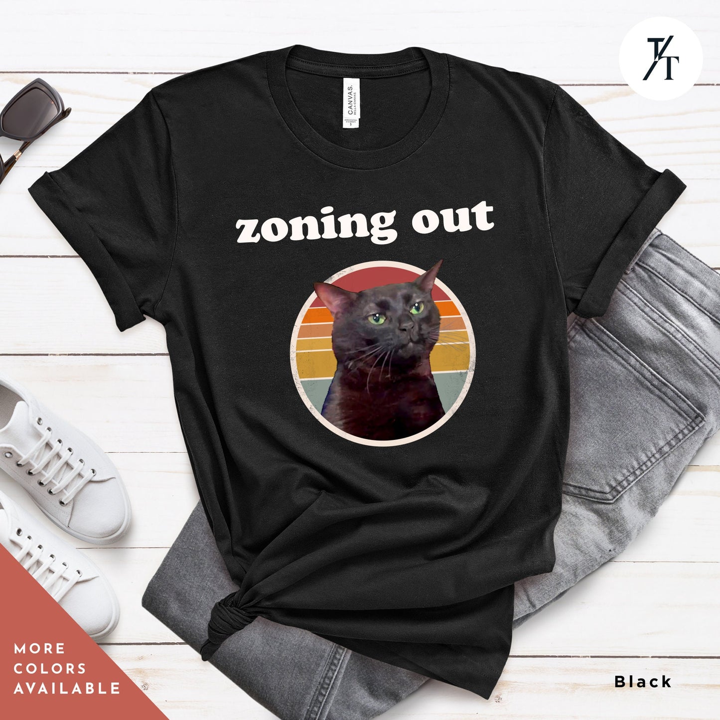 a black t - shirt with a picture of a cat on it, Zoning out shirt black cat Zoning Out Cat Meme tee, Disassociating Black Cat Funny Instagram and Tiktok Trend Meme Shirt, Dissociated Emote