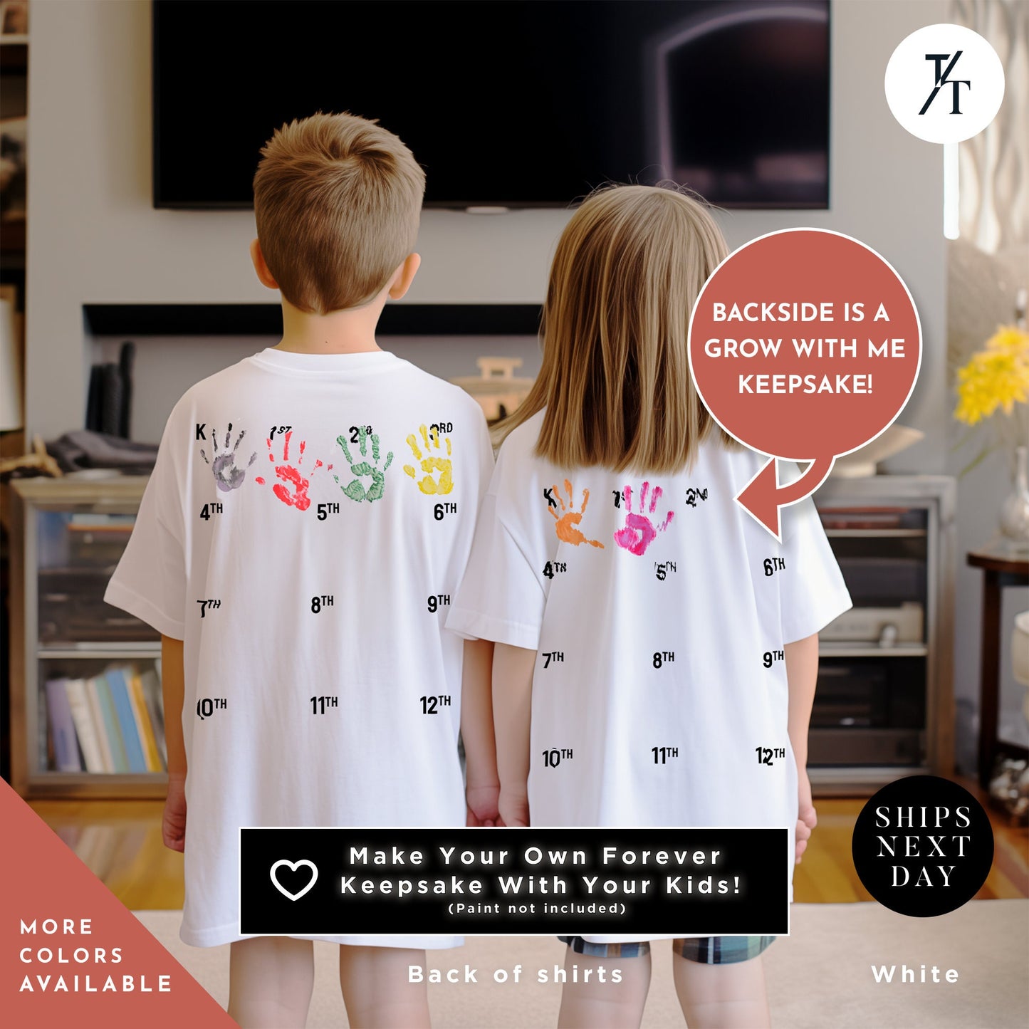a couple of kids standing next to each other, , Class of 2037 Shirt and Handprint, First Day Of School Memory Handprint Space, Kindergarten Shirt, Custom Graduation Shirts, Grow With Me