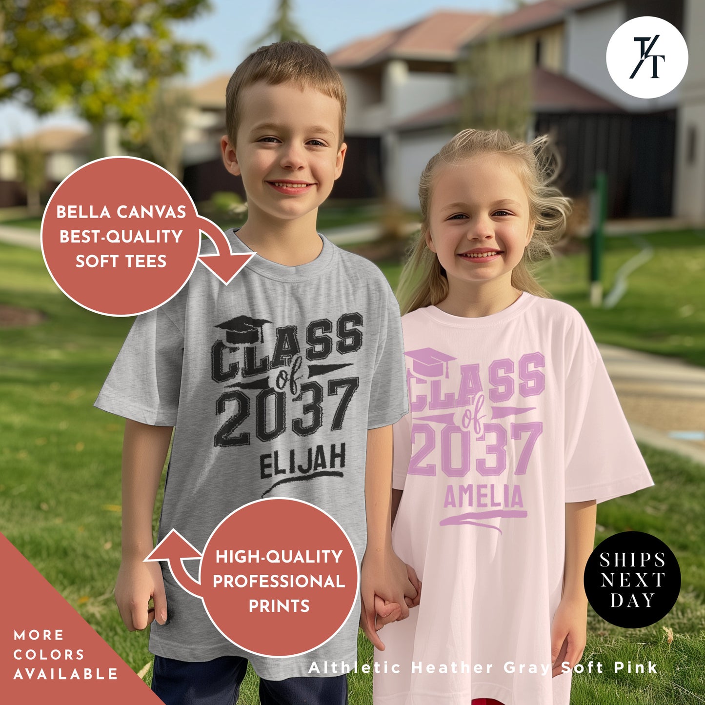 a couple of kids standing next to each other, Class of 2037 Shirt and Handprint, First Day Of School Memory Handprint Space, Kindergarten Shirt, Custom Graduation Shirts, Grow With Me