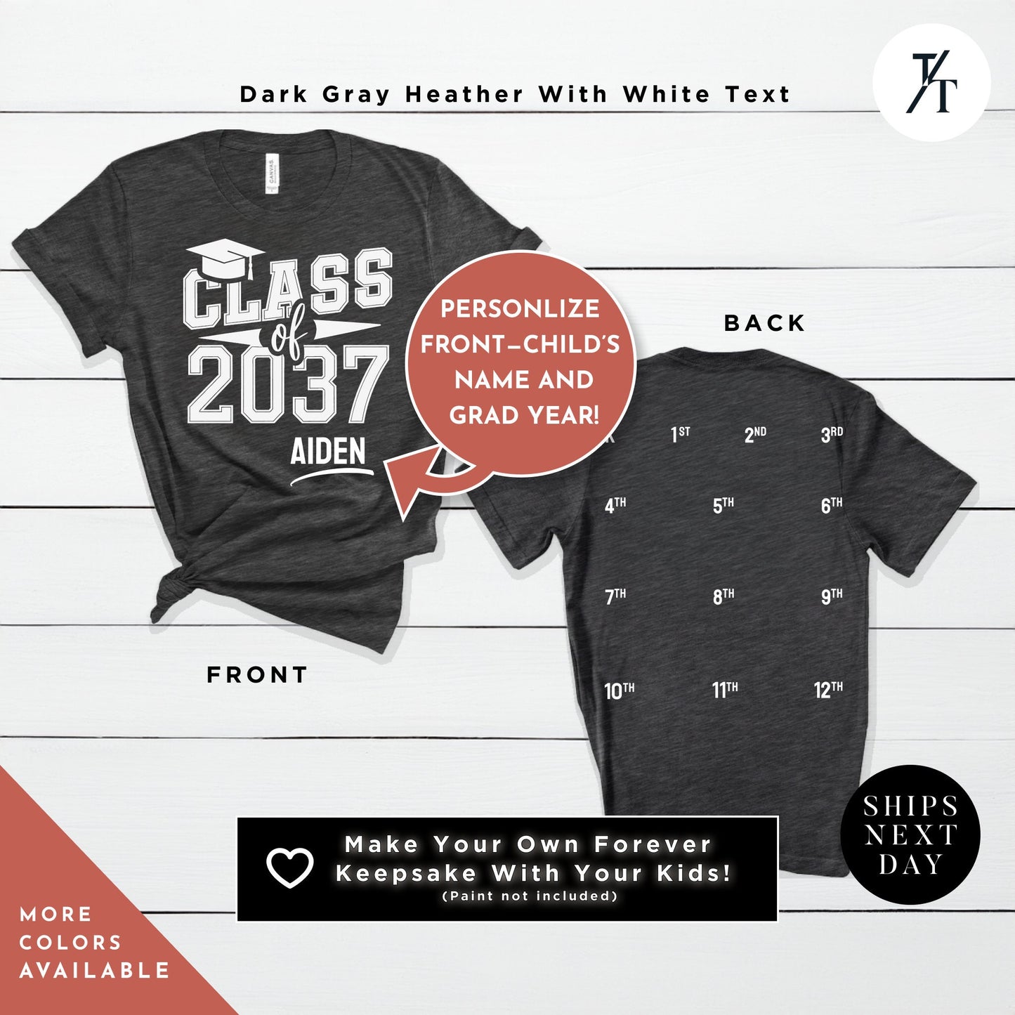 a t - shirt that says class of 2013 and a t - shirt that says Class of 2037 Shirt and Handprint, First Day Of School Memory Handprint Space, Kindergarten Shirt, Custom Graduation Shirts, Grow With Me