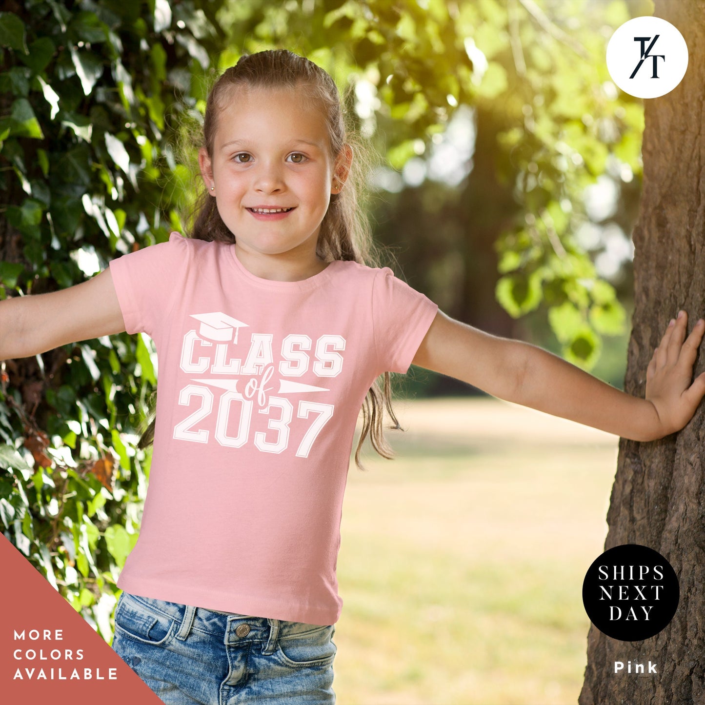 a little girl standing next to a tree, Graduation shirt 2037, Kindergarten Shirt, First Day Of School, Class Of 2037 Shirts, School Memory Shirts, Back To School Kids tshirt